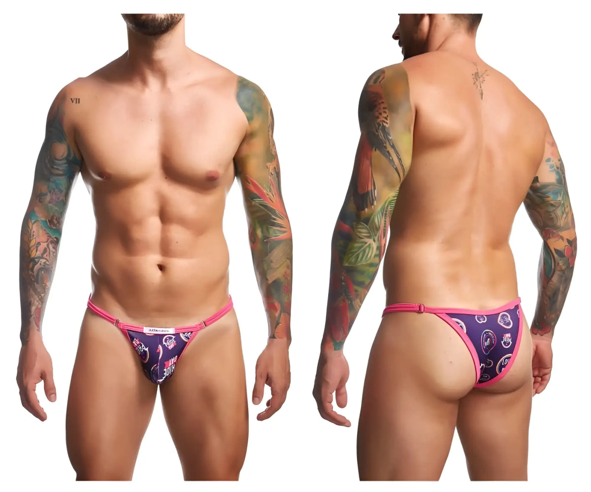 Justin Simon XSJ12 bikini briefs in vibrant pink and purple with bold tropical bird pattern for color pride
