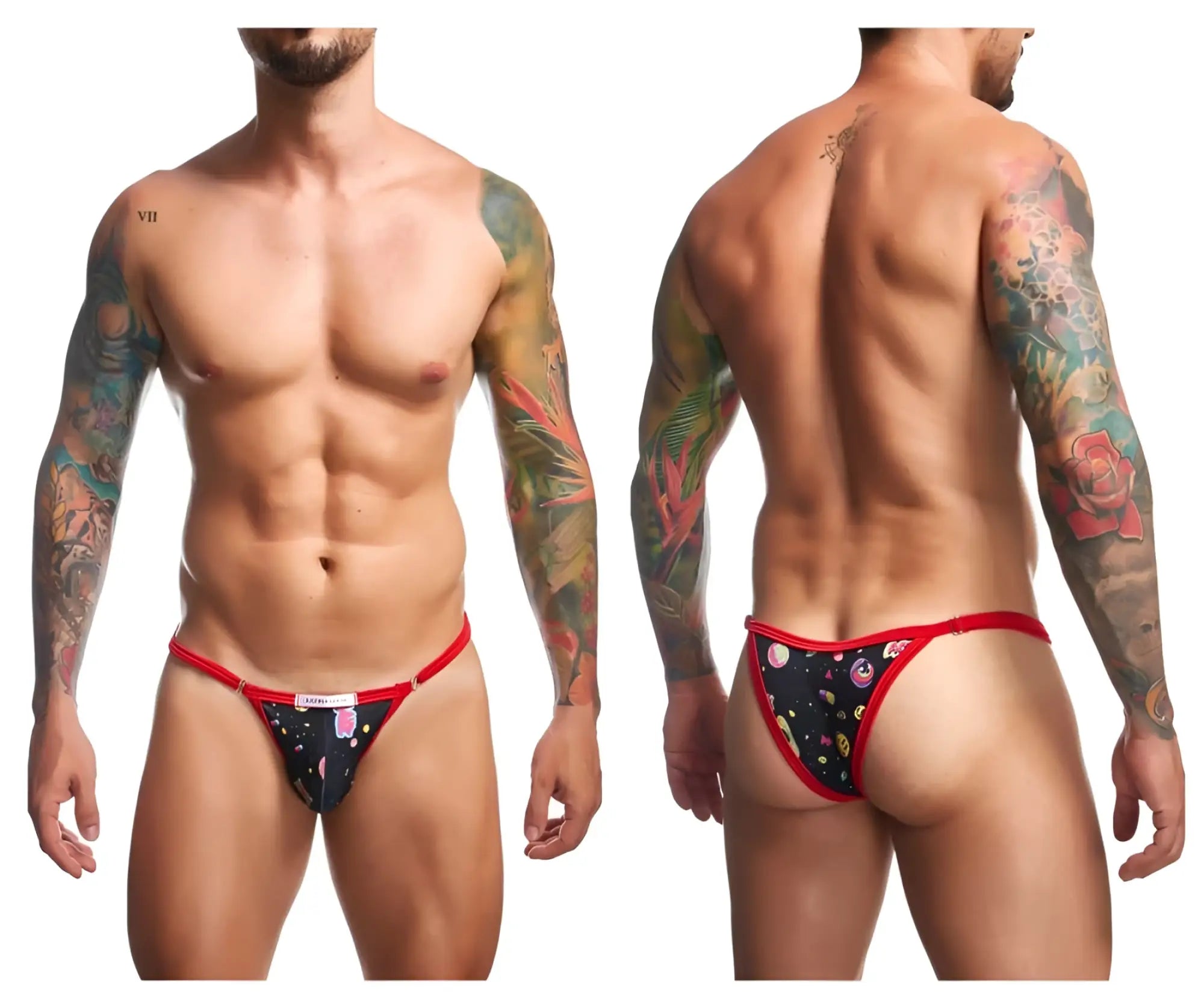 Red-trimmed black patterned men’s thong with colorful floral and fruit motifs from justin simon xsj12 bikini color psychedelic