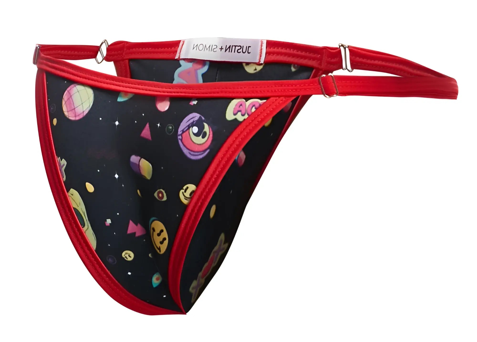 Red-trimmed black thong bikini with playful space-themed print featuring planets eyes and smiley faces by justin simon