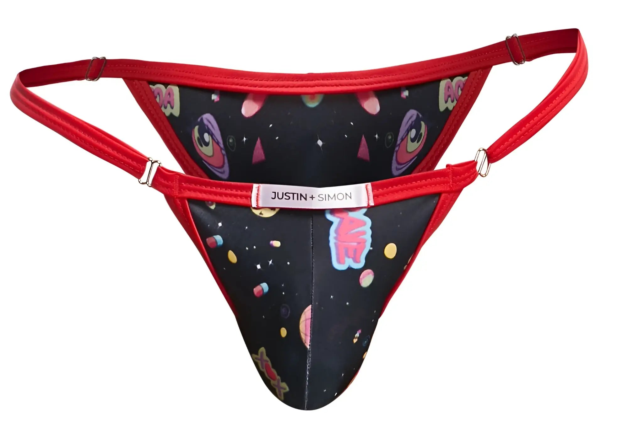 Justin simon xsj12 bikini color psycodelic red trimmed thong with black space print featuring cartoon eyes planets and stars