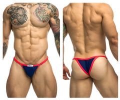Navy blue and red thong bikini by Justin Simon with a small white brand tag at the front in royal blue color