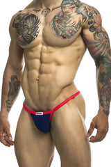 Red and blue athletic briefs with white logo waistband from JUSTIN SIMON xsj12 bikini in royal blue color