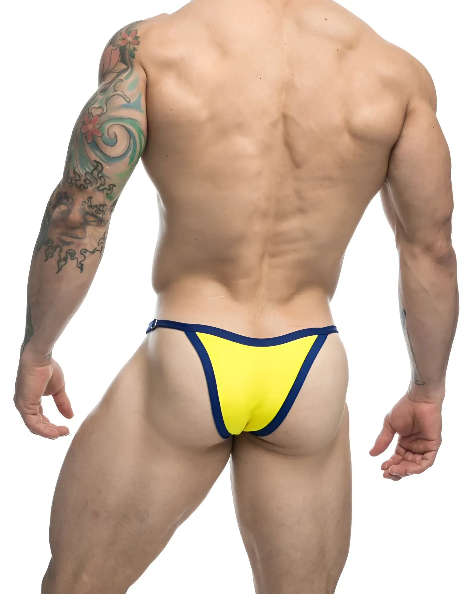 Bright yellow and navy blue thong bikini by justin simon with sleek form-fitting design in one color yellow
