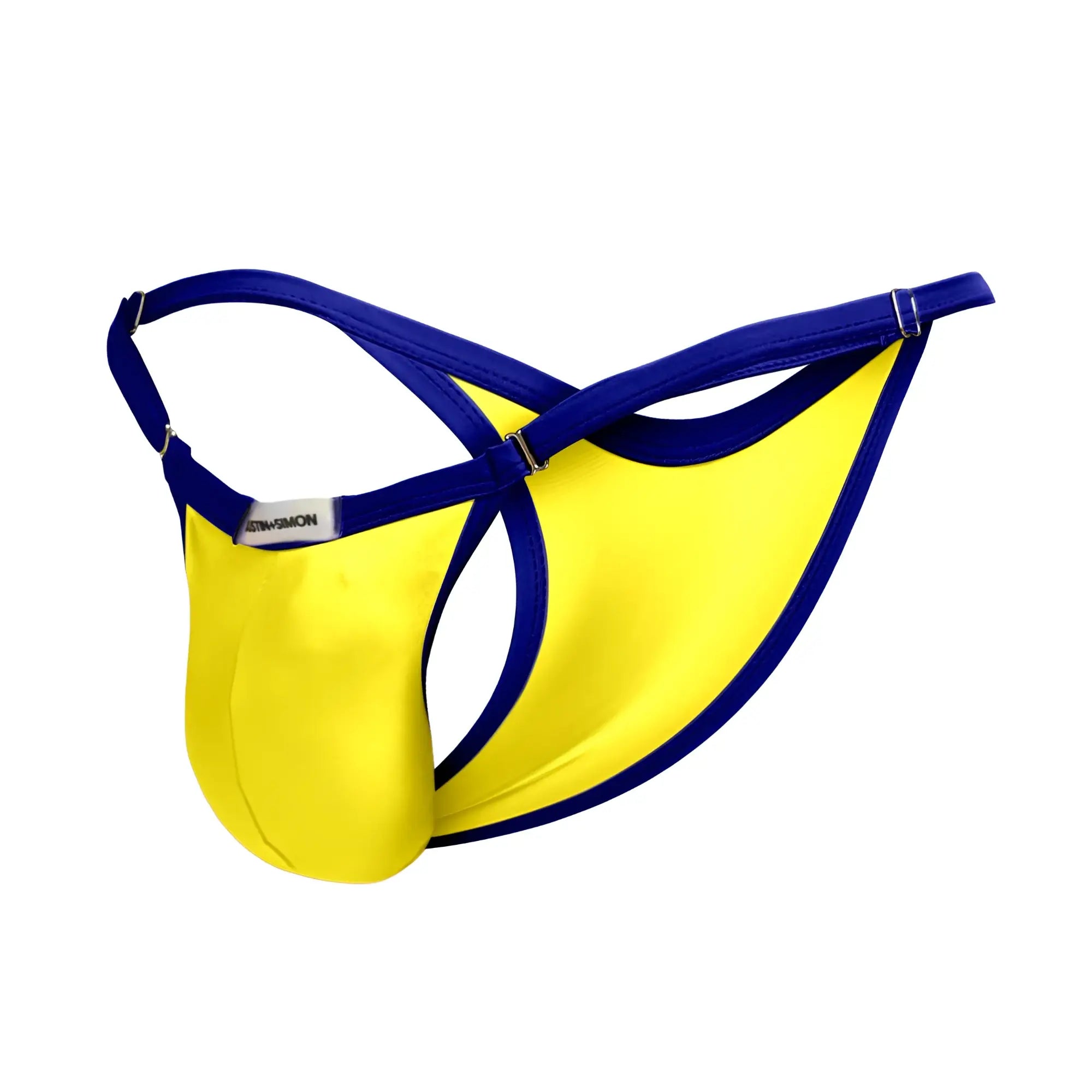 Bright yellow and royal blue satin thong with sleek modern design from Justin Simon XSJ12 bikini one color yellow
