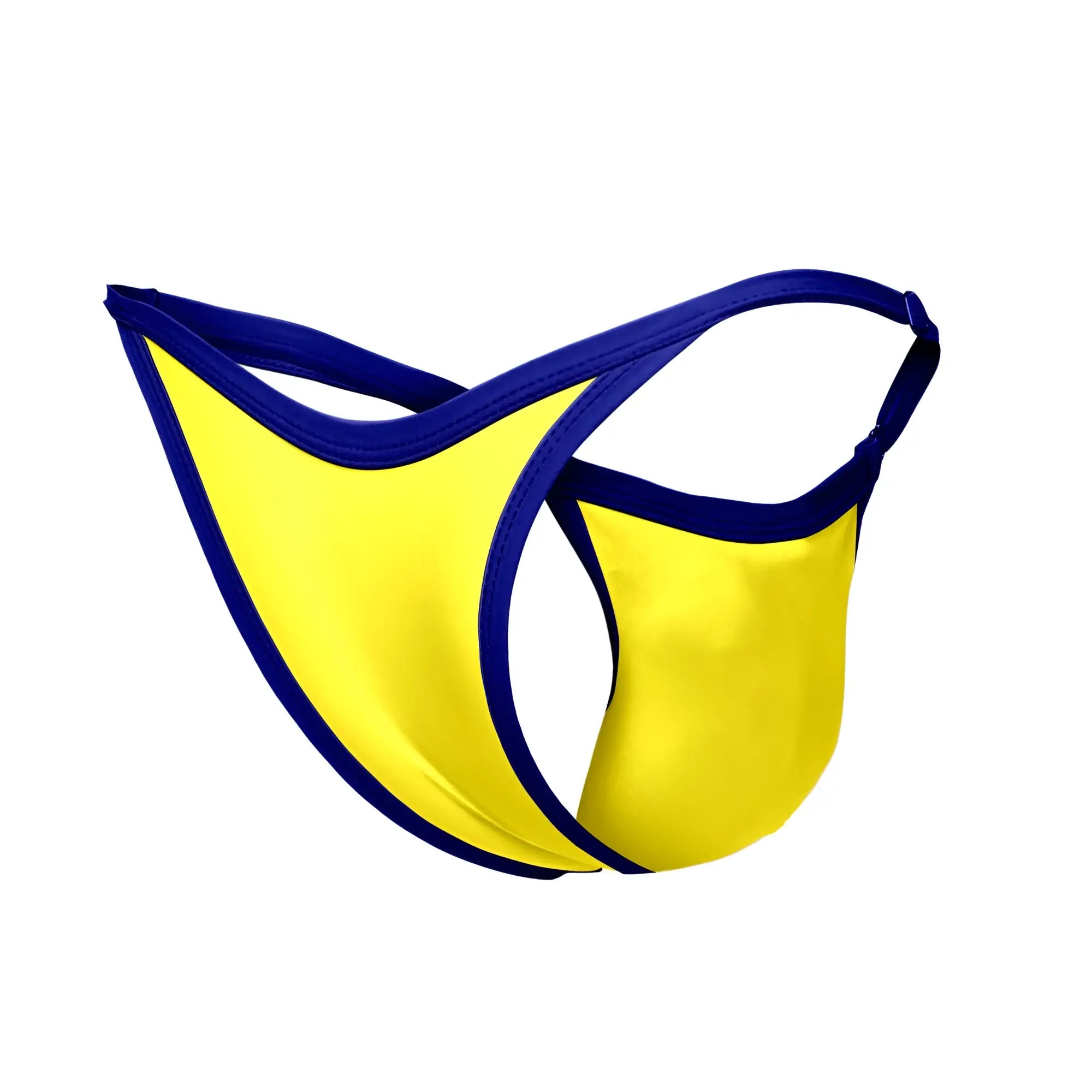 Justin simon XSJ12 bikini bright yellow thong with navy blue trim and elastic straps for swimwear use