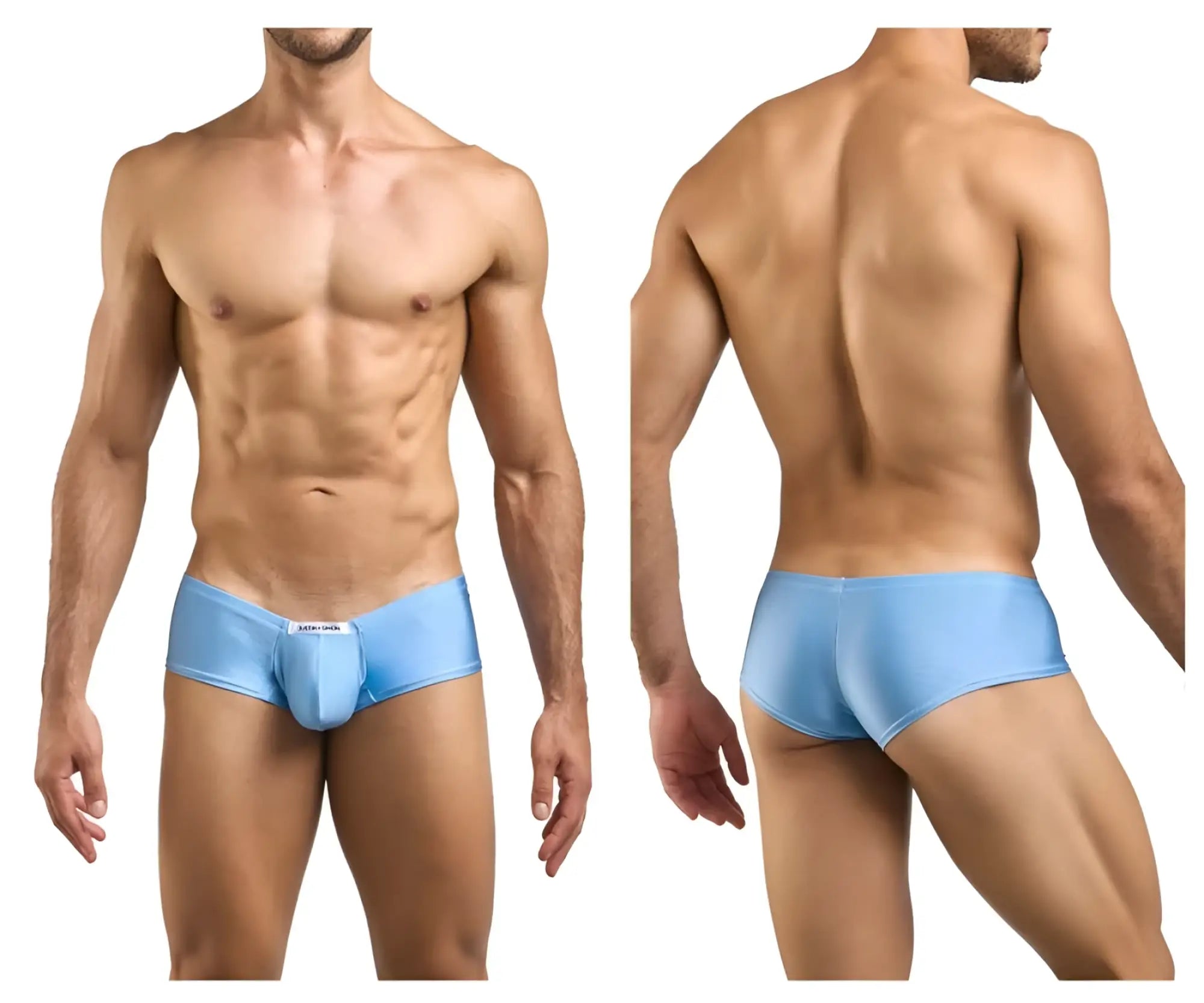 Light blue justin simon xsj13 cheeky bulge boxer men’s briefs with smooth stretchy fabric and front white label