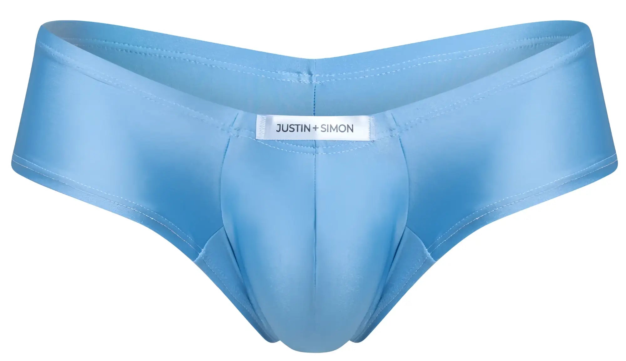 Light blue satin cheeky bulge boxer briefs with justin + simon brand label in baby blue color