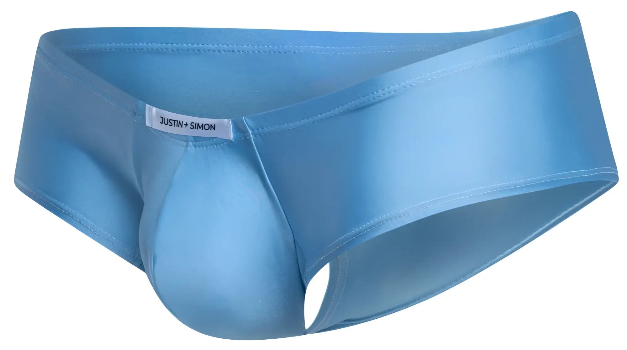 Light blue satin cheeky bulge boxer briefs with smooth glossy finish and branded justin plus simon tag