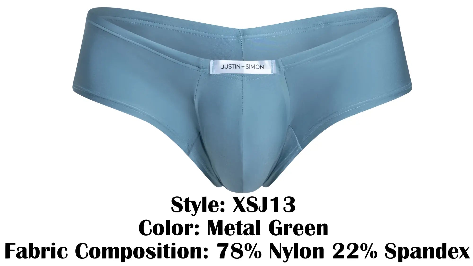 Metal green justin simon men’s cheeky bulge boxer briefs made from 78% nylon and 22% spandex