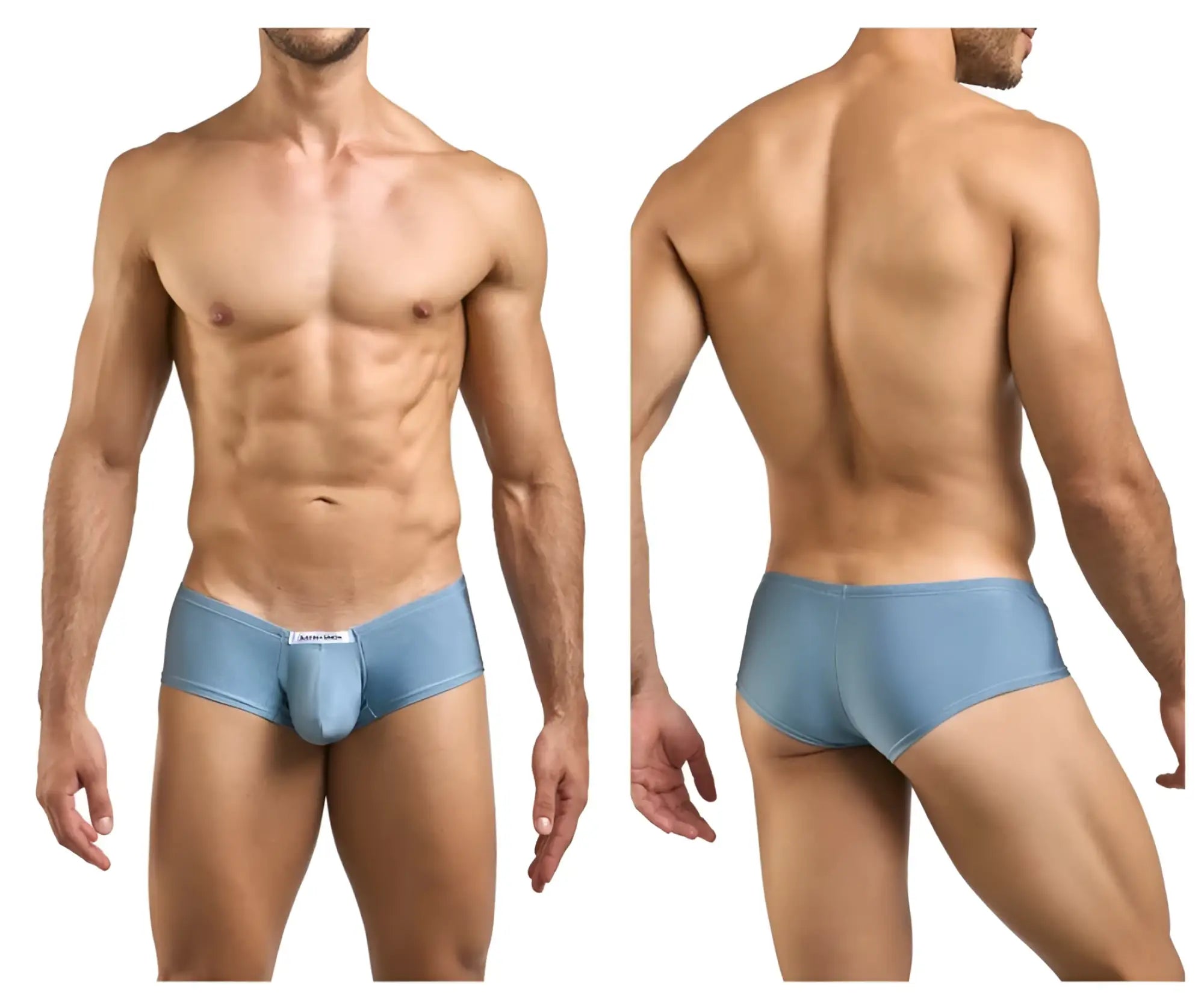 Light blue men’s briefs with smooth form-fitting design and small white label front from justin simon xsj13 cheeky bulge boxer metal green