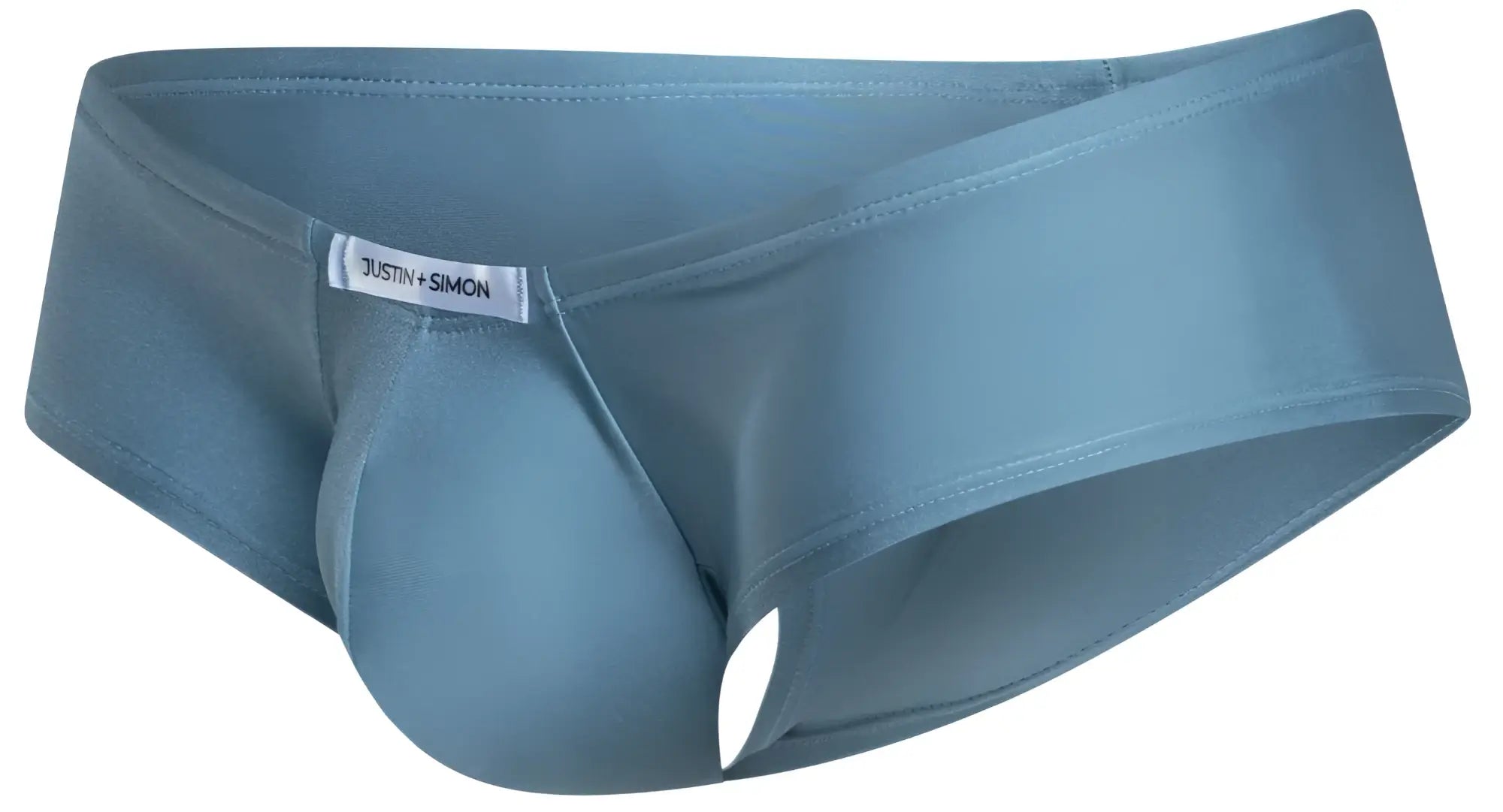 A sleek slate blue justin simon men’s cheeky bulge boxer with smooth fabric and subtle brand tag at waistband
