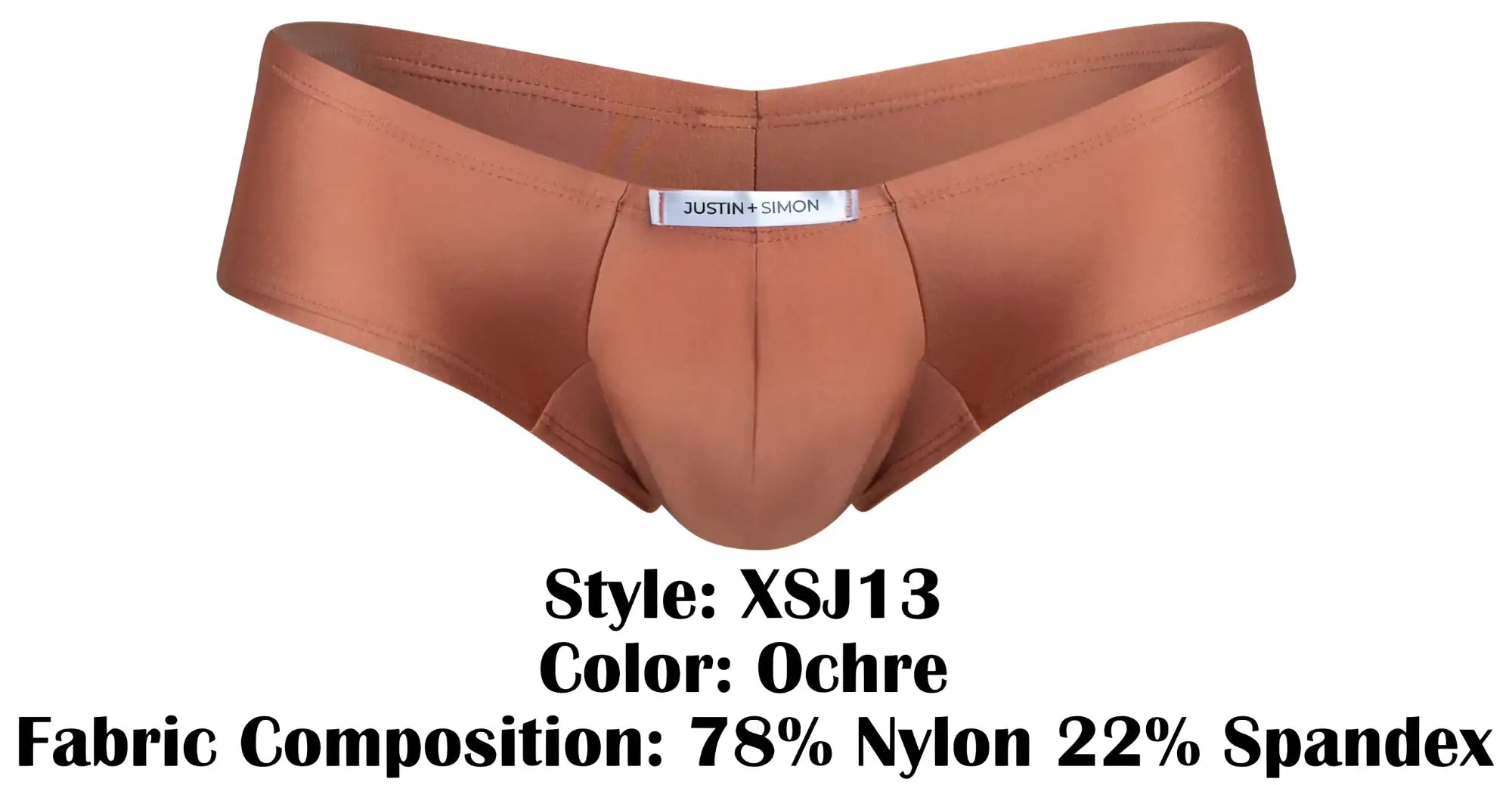 Ochre-colored form-fitting cheeky bulge boxer briefs by justin simon made of 78% nylon and 22% spandex
