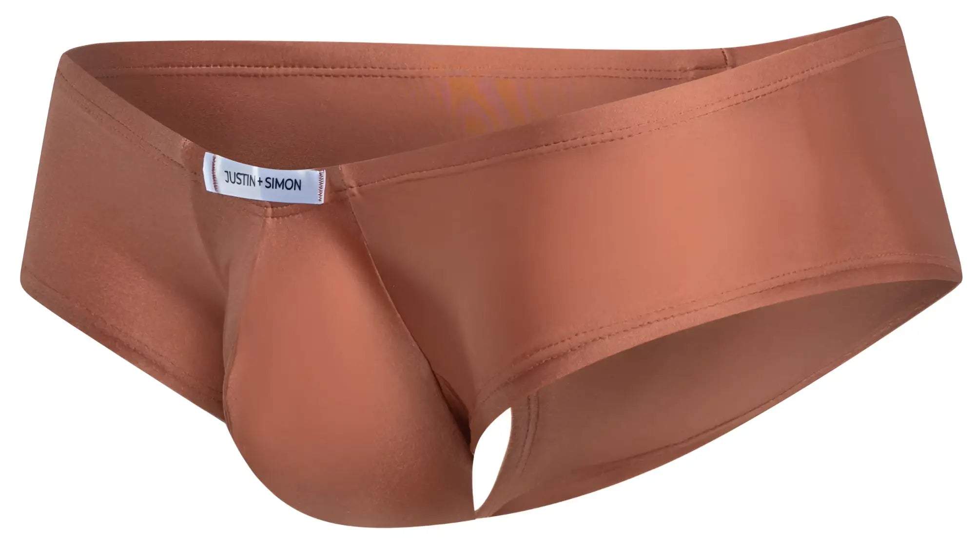 Justin Simon XSJ13 cheeky bulge boxer in ochre copper satin with sleek smooth texture and subtle sheen