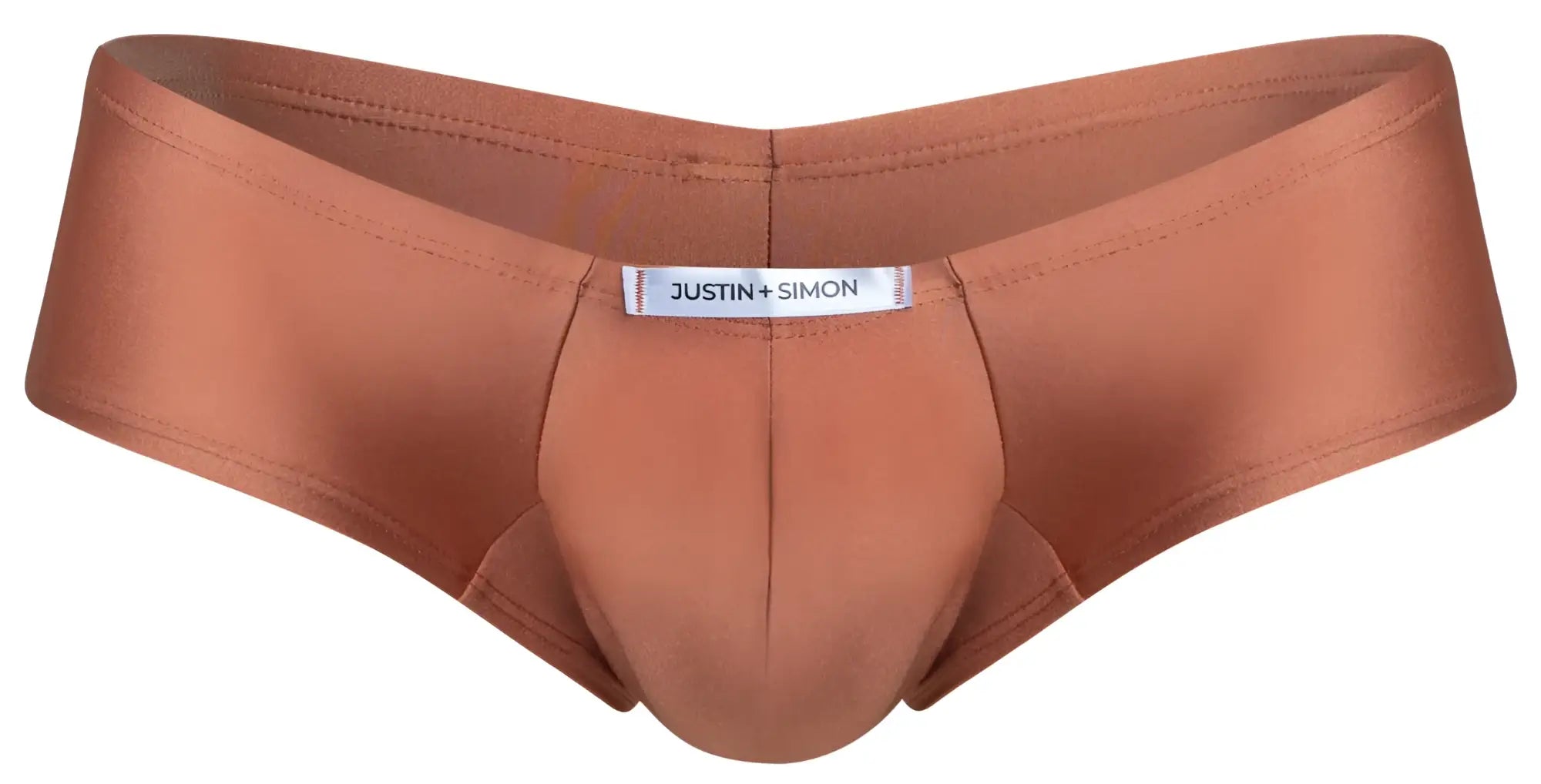 Justin simon mens copper satin briefs with smooth shiny fabric and contoured design in ochre cheeky bulge boxer style
