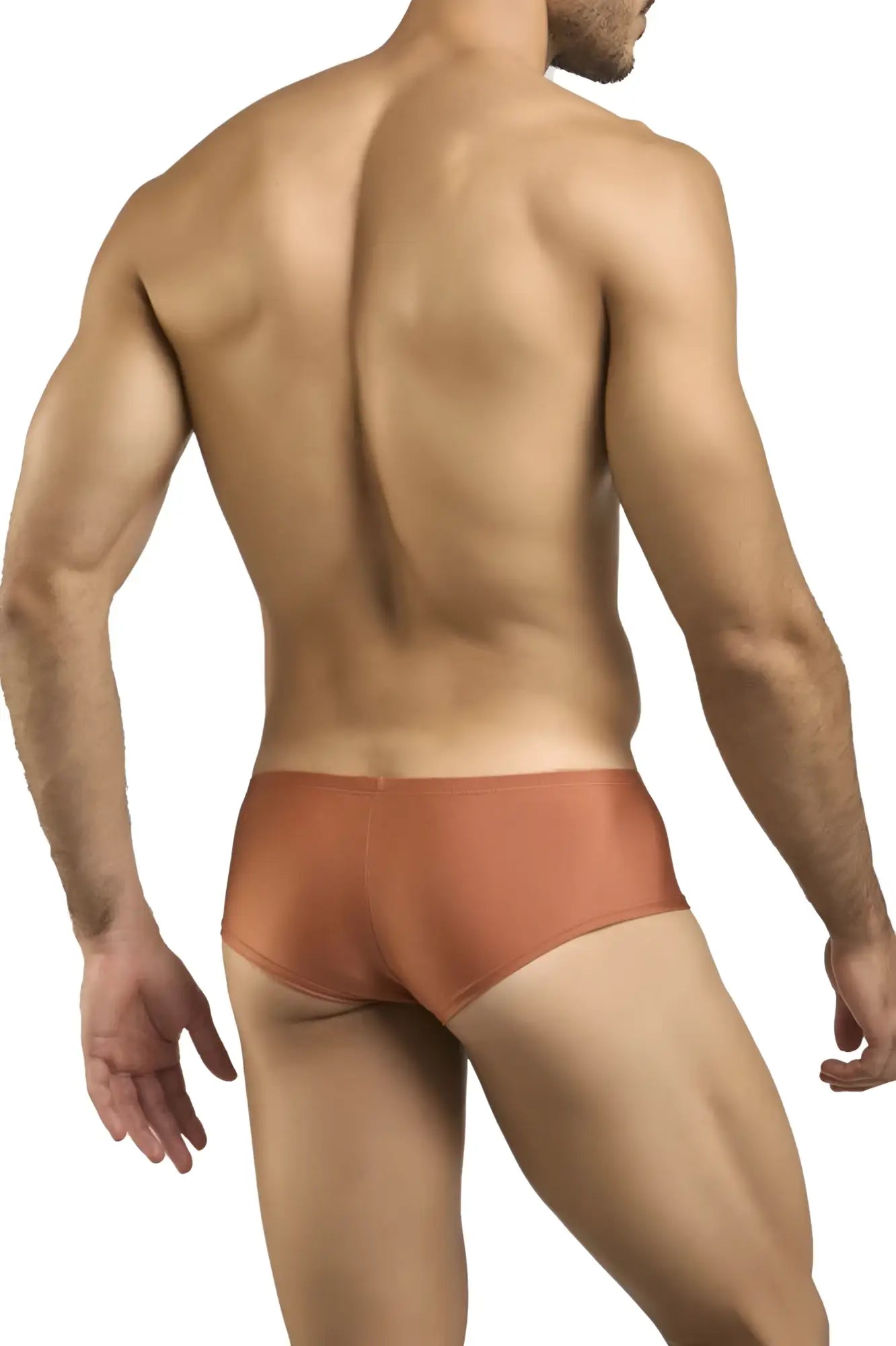 Justin Simon XSJ13 cheeky bulge boxer in ochre with sleek rust-colored smooth form-fitting fabric