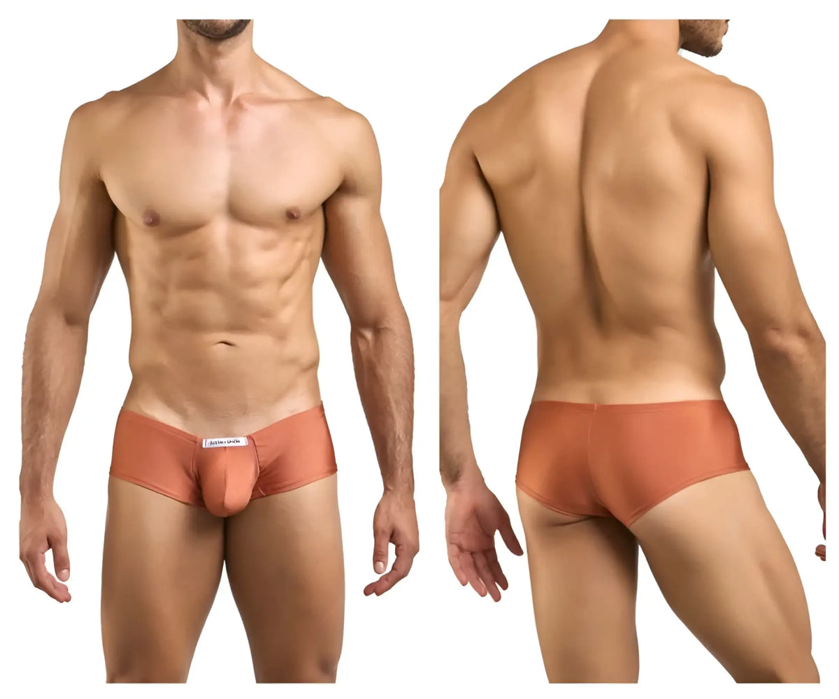 Tan-colored form-fitting men’s briefs in ochre with smooth fabric and small white label by justin simon xsj13 cheeky bulge boxer