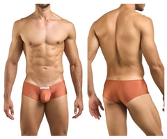 Tan-colored form-fitting men’s briefs in ochre with smooth fabric and small white label by justin simon xsj13 cheeky bulge boxer