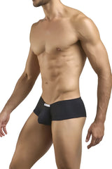 Black men’s peach and black cheeky bulge boxer briefs with contoured design and white label at waistband by Justin+Simon