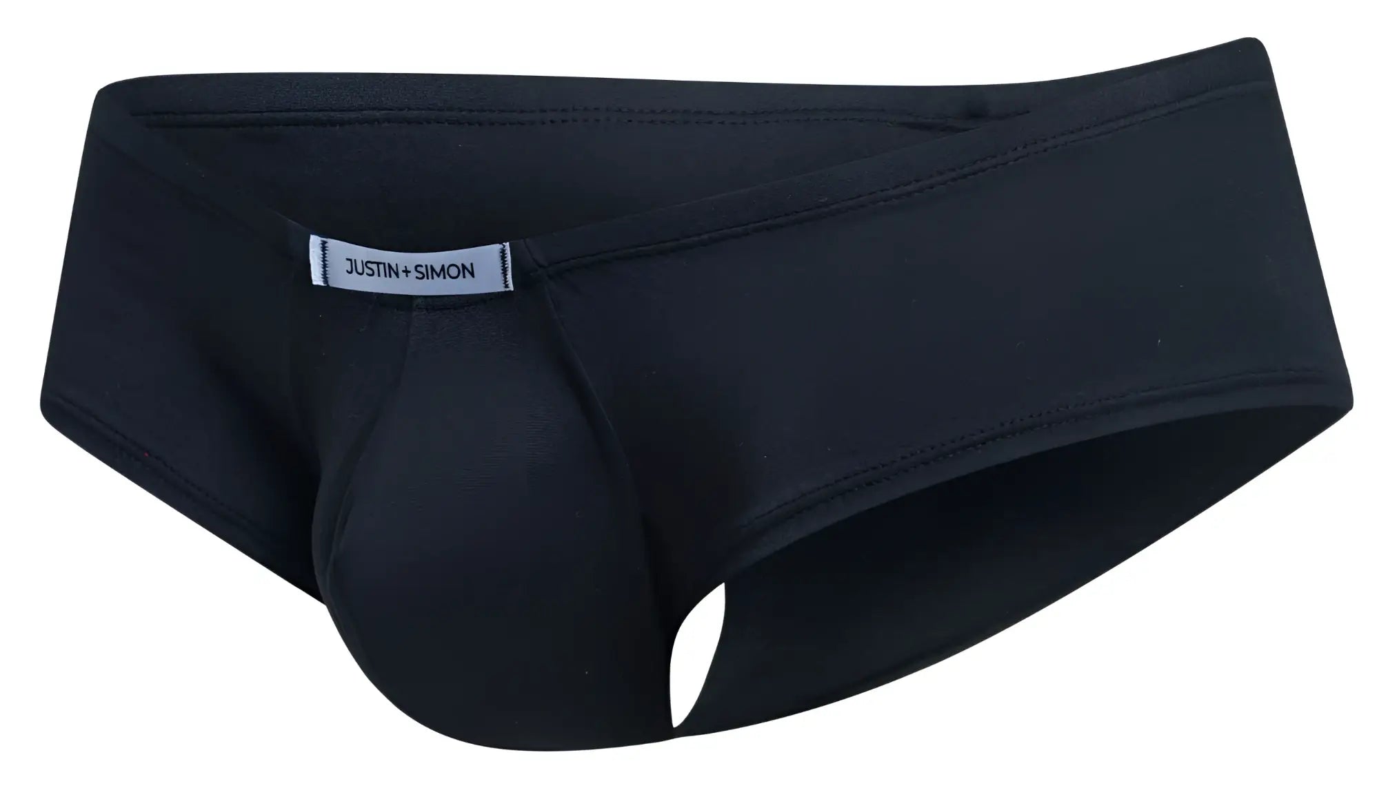 Black justin simon men’s briefs with a smooth form-fitting design and subtle brand tag in cheeky bulge boxer style