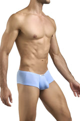 Light blue form-fitting justin simon xsj13 cheeky bulge boxer briefs with smooth stretchy fabric and subtle waistband logo