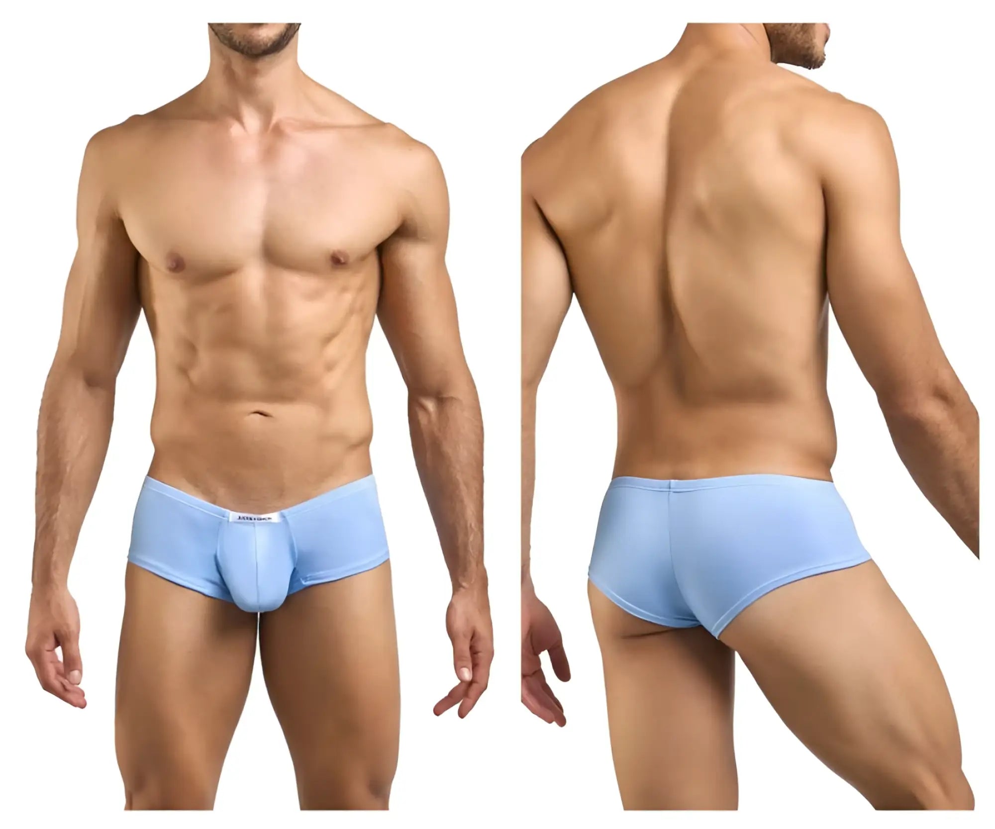 Light blue justin simon cheeky bulge boxer briefs with smooth form fitting design and small logo on waistband