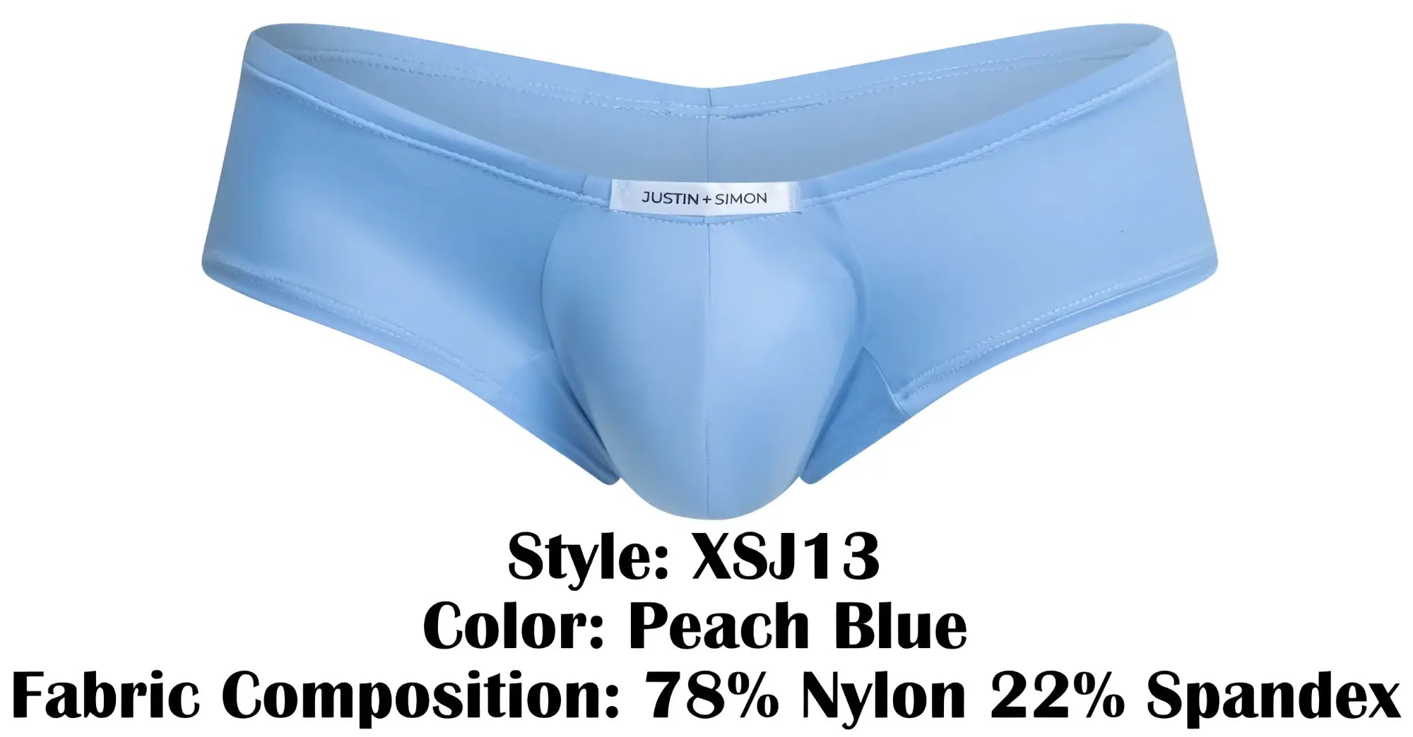 Peach blue justin plus simon cheeky bulge boxer made of stretchy nylon and spandex blend with brand label visible