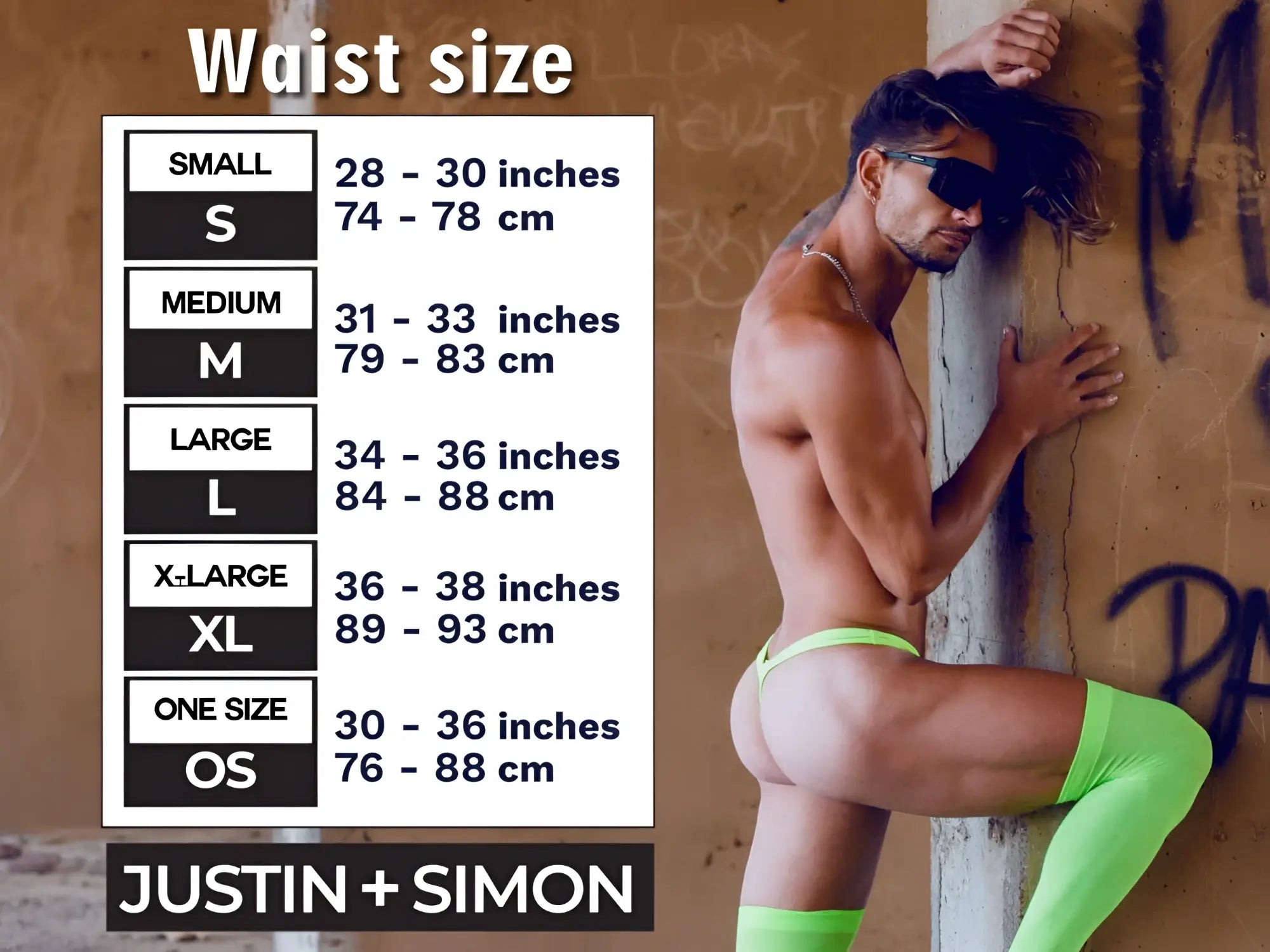 Neon green high-waisted briefs with matching thigh-high stockings from justin + simon in peach blue cheeky bulge boxer style