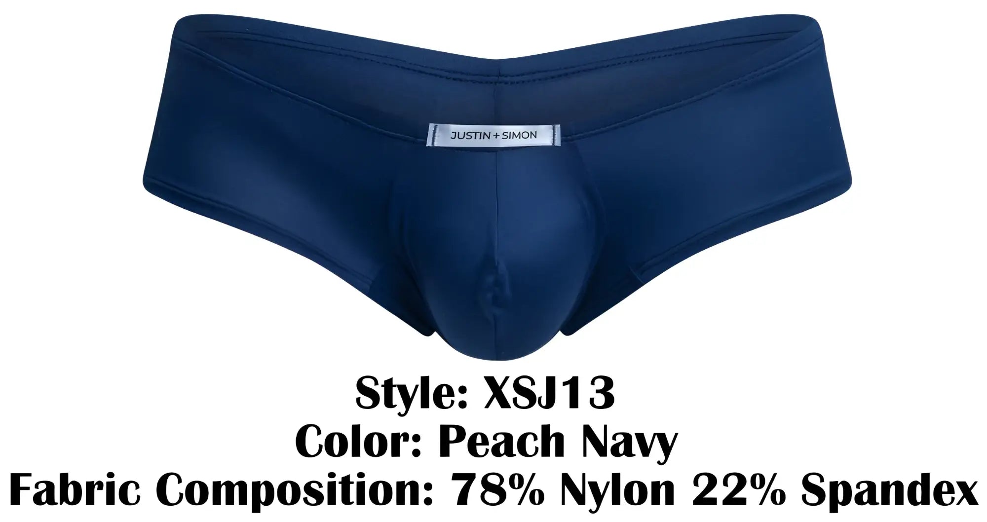 Navy blue men’s briefs by justin simon xsj13 with smooth stretchy fabric and subtle brand tag at waistband