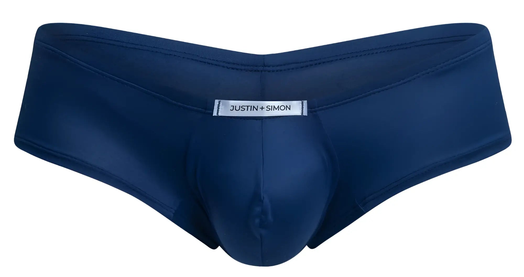 Navy blue justin+simon men’s briefs with smooth form-fitting design and central pouch in cheeky bulge boxer style