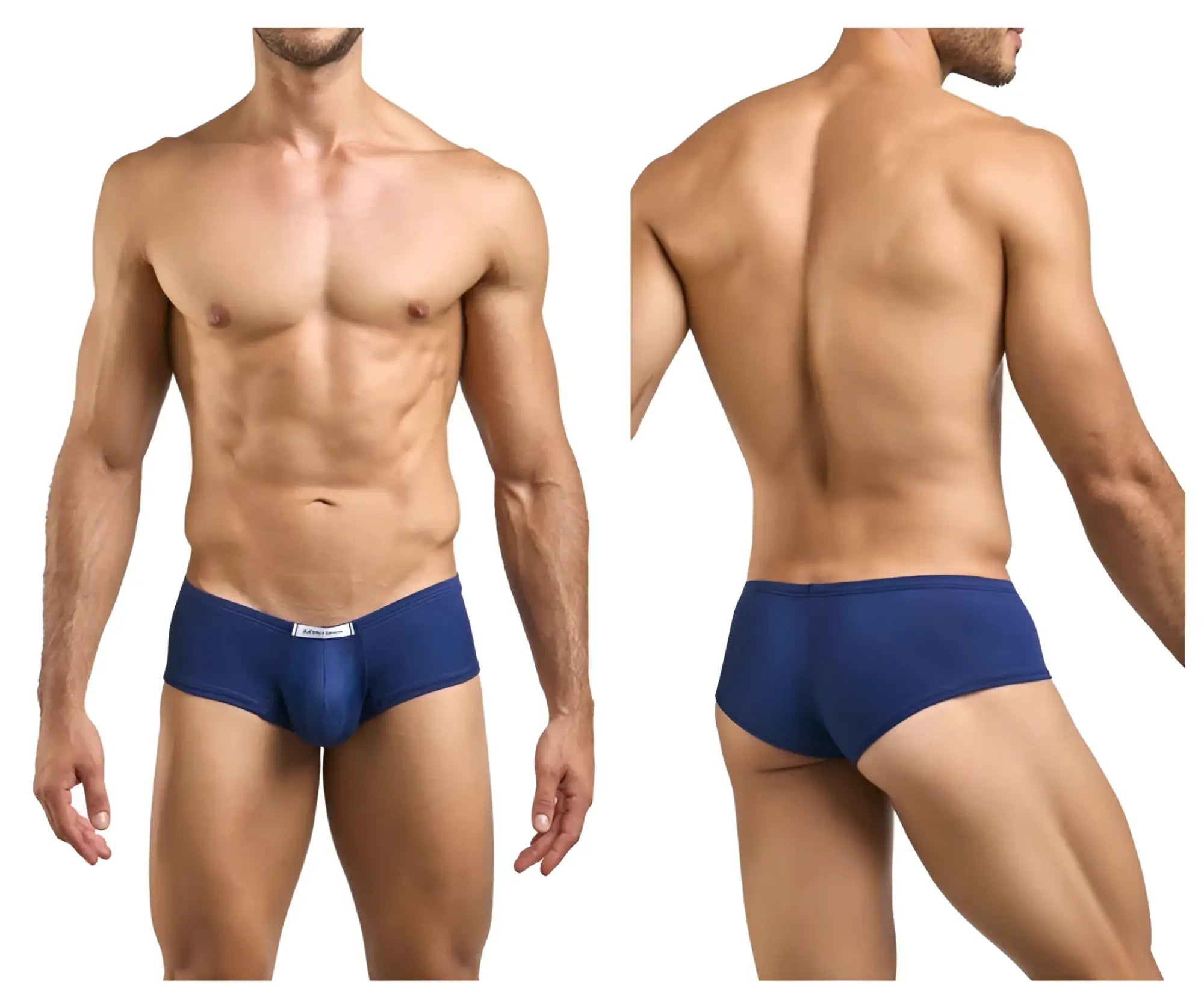Navy blue men’s cheeky bulge briefs with a white justin simon brand tag on the waistband, style xsj13