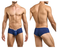 Navy blue men’s cheeky bulge briefs with a white justin simon brand tag on the waistband, style xsj13