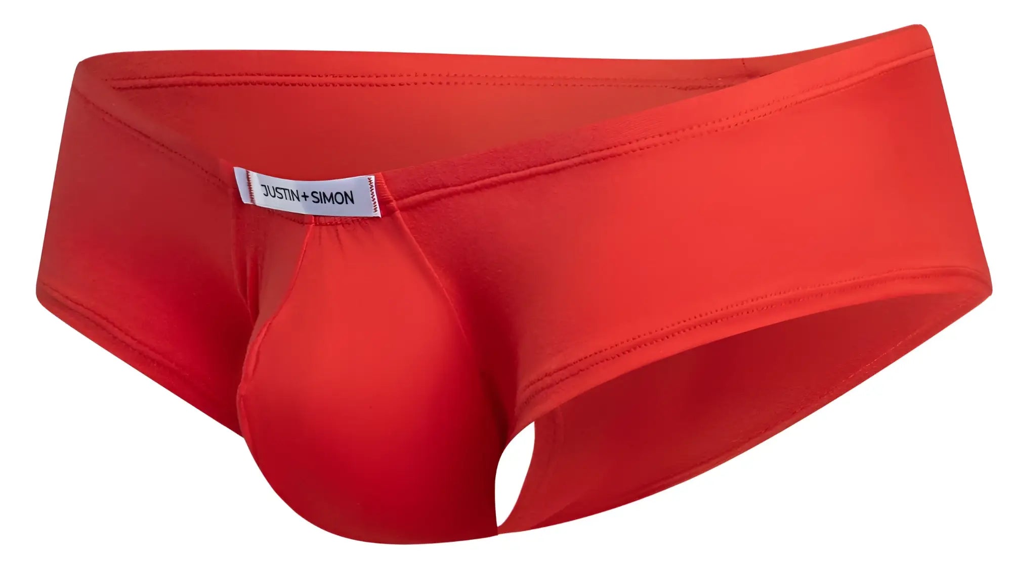 Bright red justin simon cheeky bulge boxer briefs with form fitting pouch and white brand label in peach red color