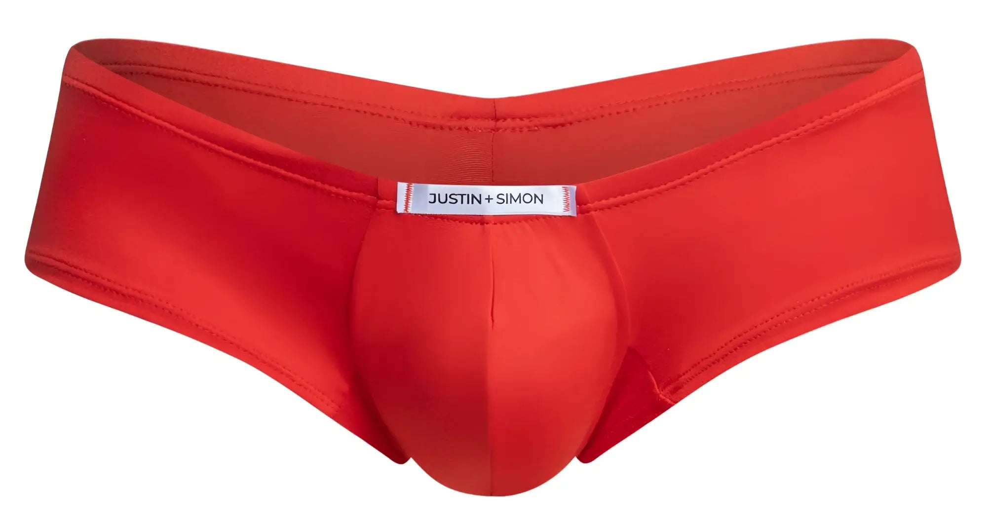 Bright red justin+simon men’s briefs with smooth texture and central pouch from the cheeky bulge boxer line