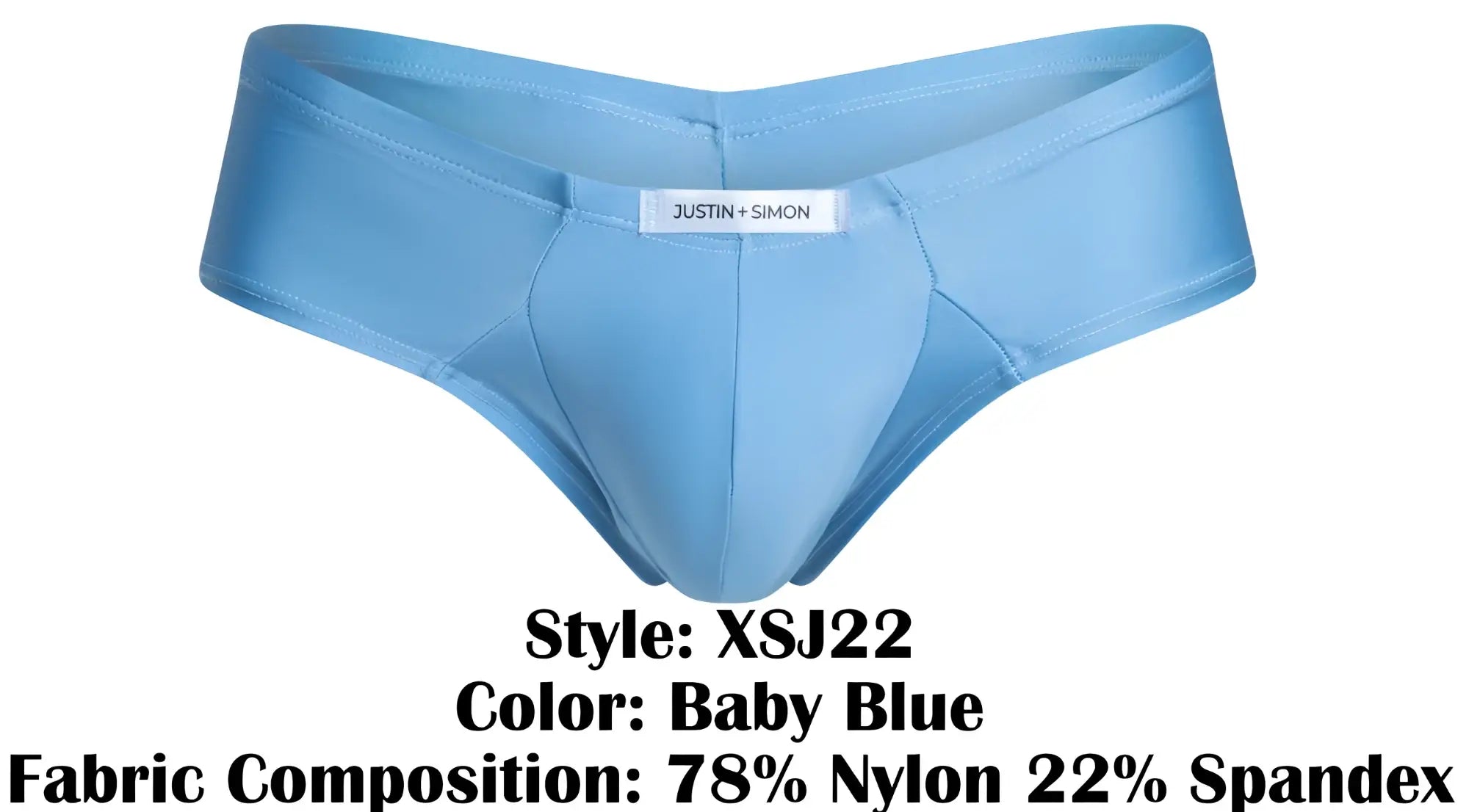 Baby blue justin and simon men’s cheek briefs made of 78 nylon and 22 spandex front view