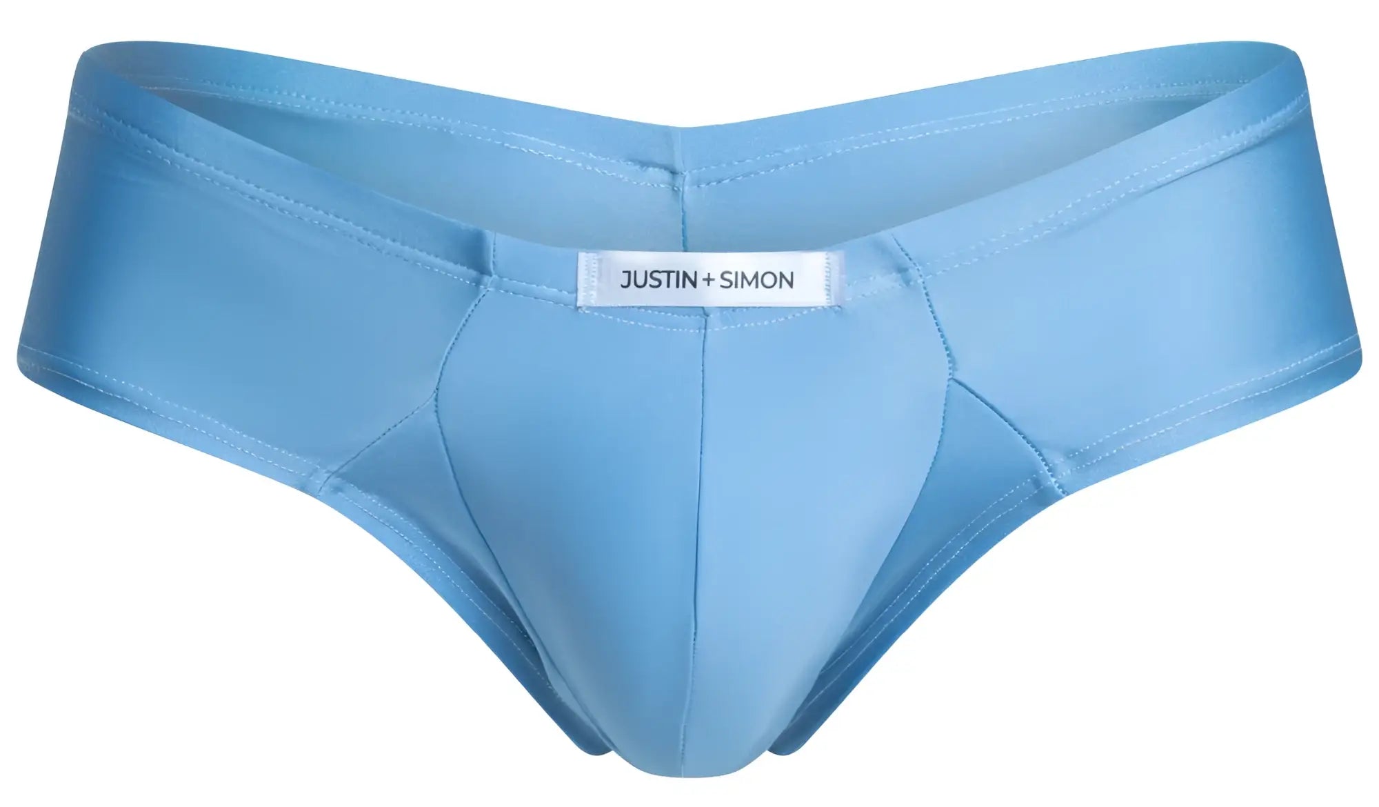 Light blue justin simon men’s briefs with smooth satin-like fabric and sleek contoured design front view