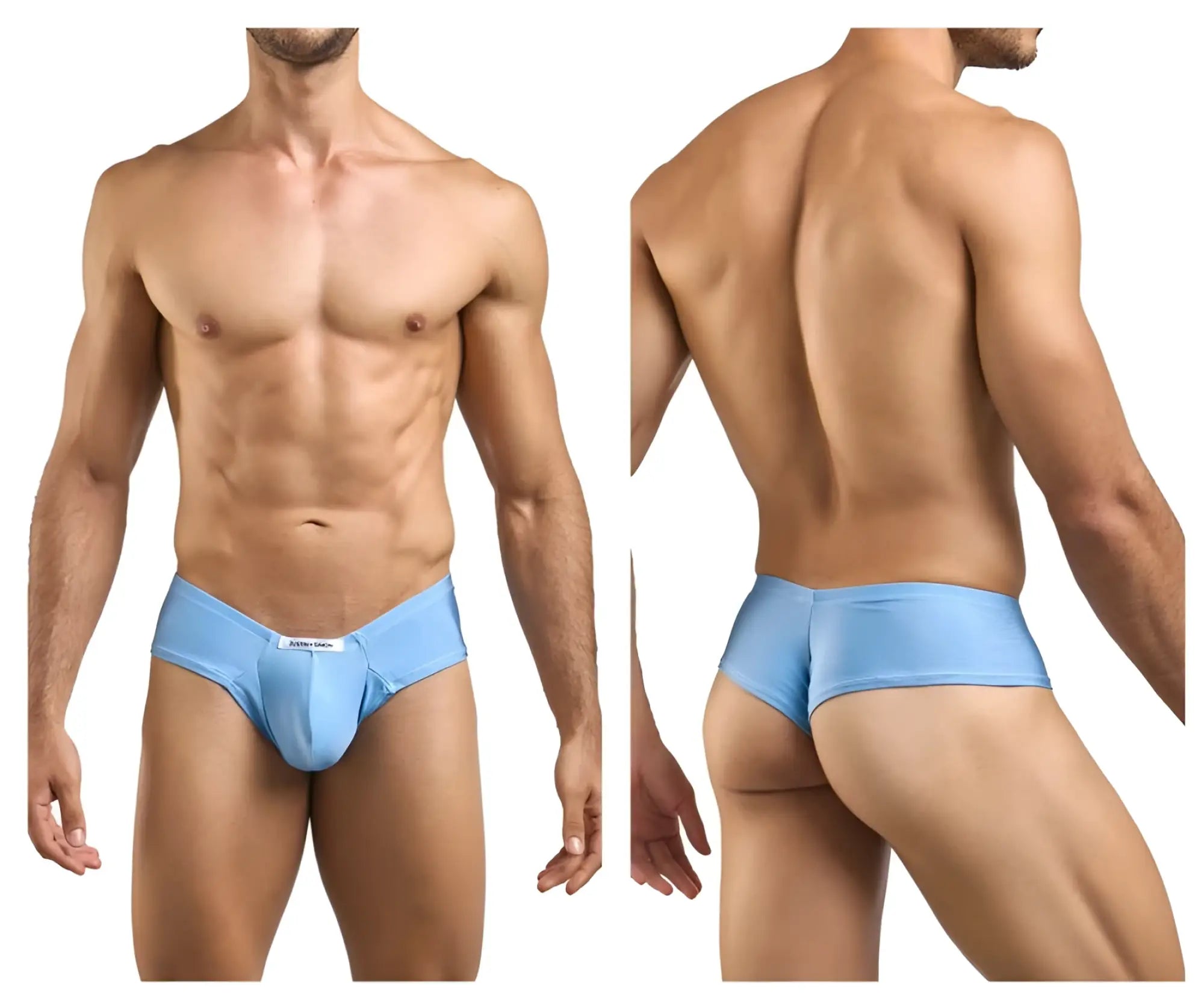 Justin+Simon xsj22 cheek briefs in baby blue with smooth form-fitting fabric and a small front brand tag