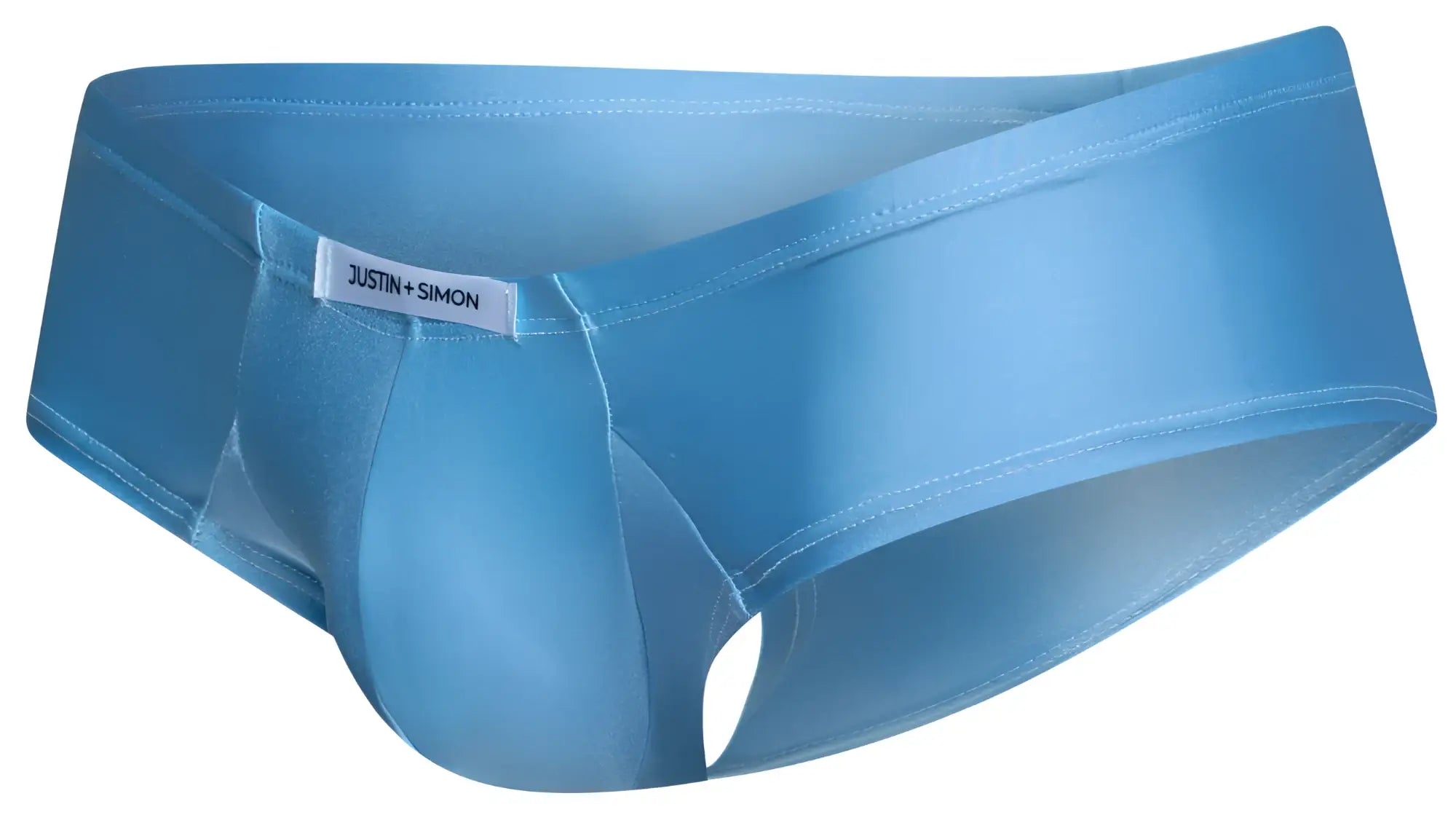 Light blue satin cheek briefs with subtle sheen and justin plus simon label on the waistband