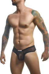 Black sheer mesh cheek briefs with solid waistband and panasonic label in justin simon xsj22 color black mesh