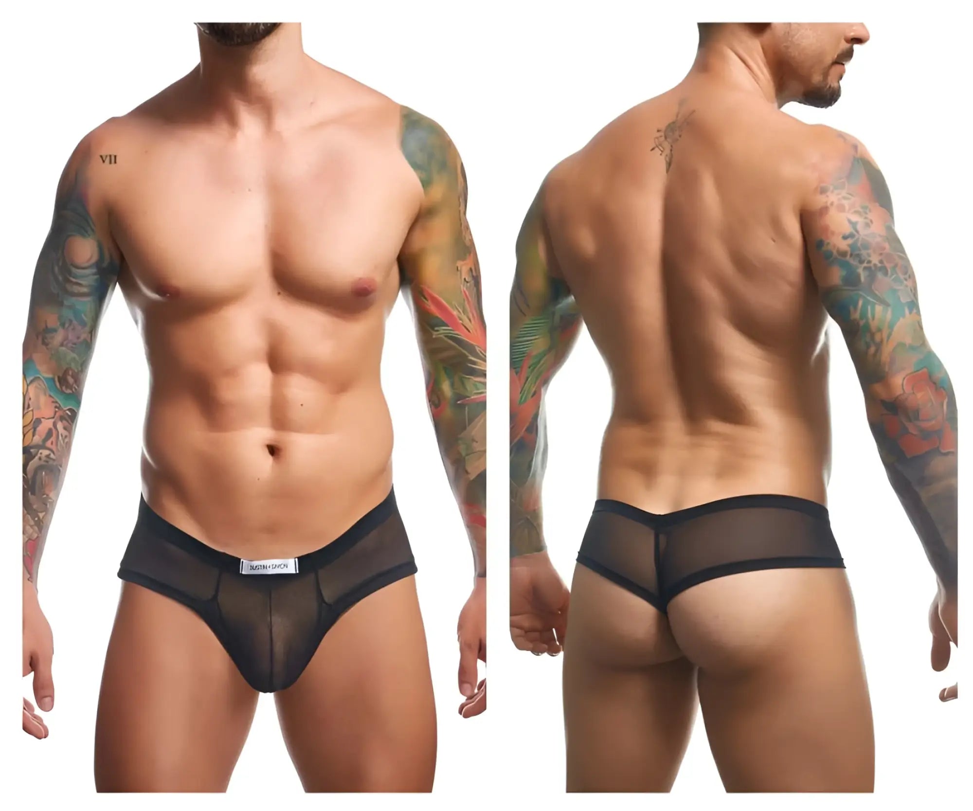 Black sheer mesh cheek briefs with solid waistband and white brand tag by JUSTIN+SIMON XSJ22 in black mesh