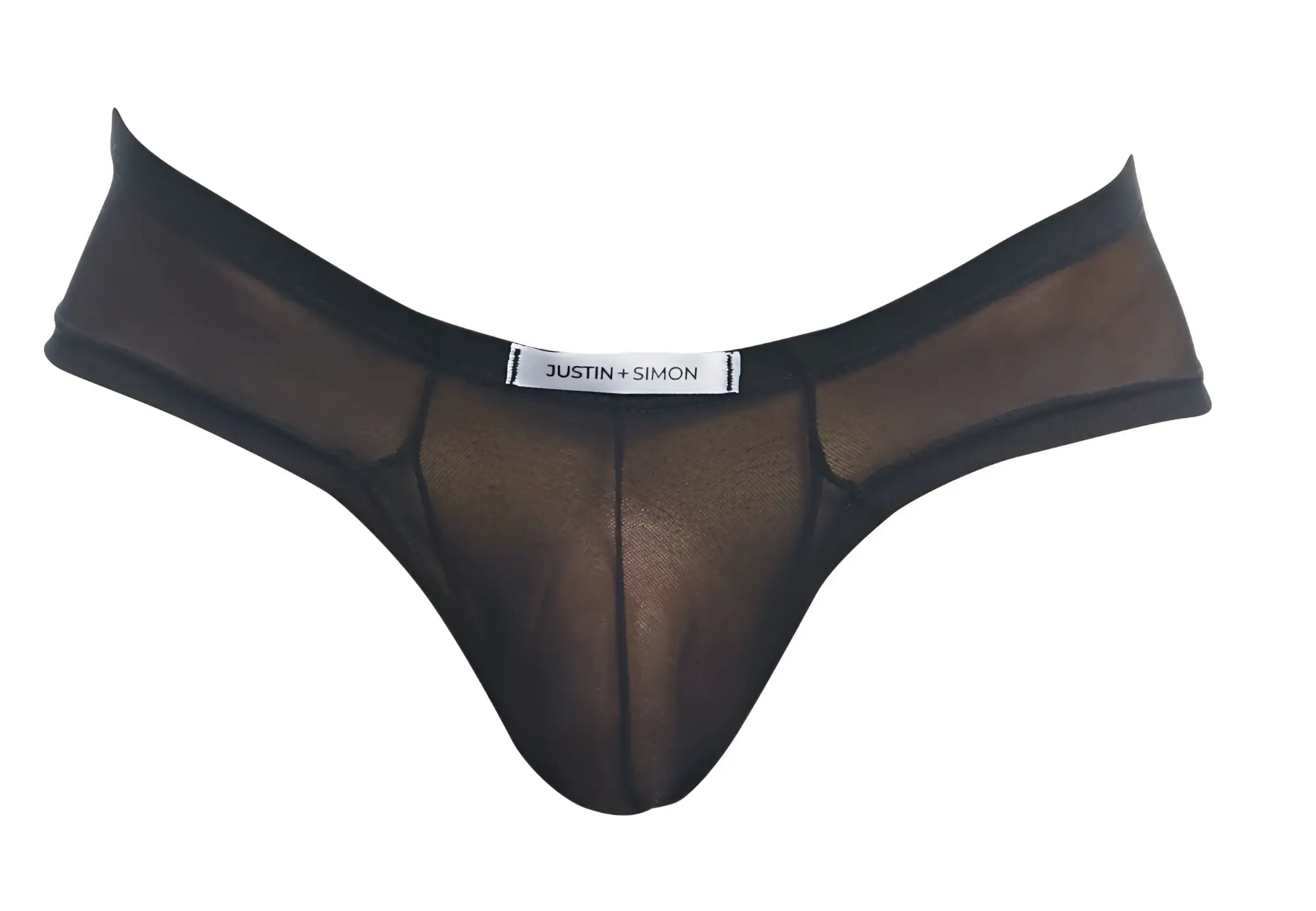 Black sheer mesh thong with solid black waistband and justin plus simon label from justin plus simon xsj22 cheek briefs