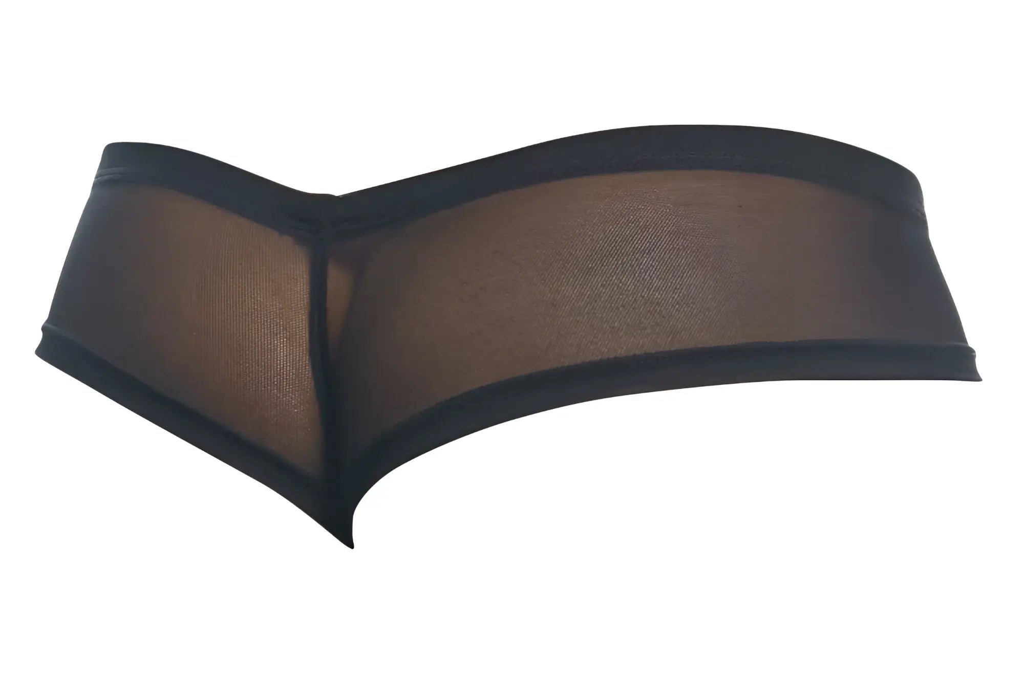 Justin plus Simon black mesh cheek briefs with sheer fabric and solid black elastic waistband shown from the back side