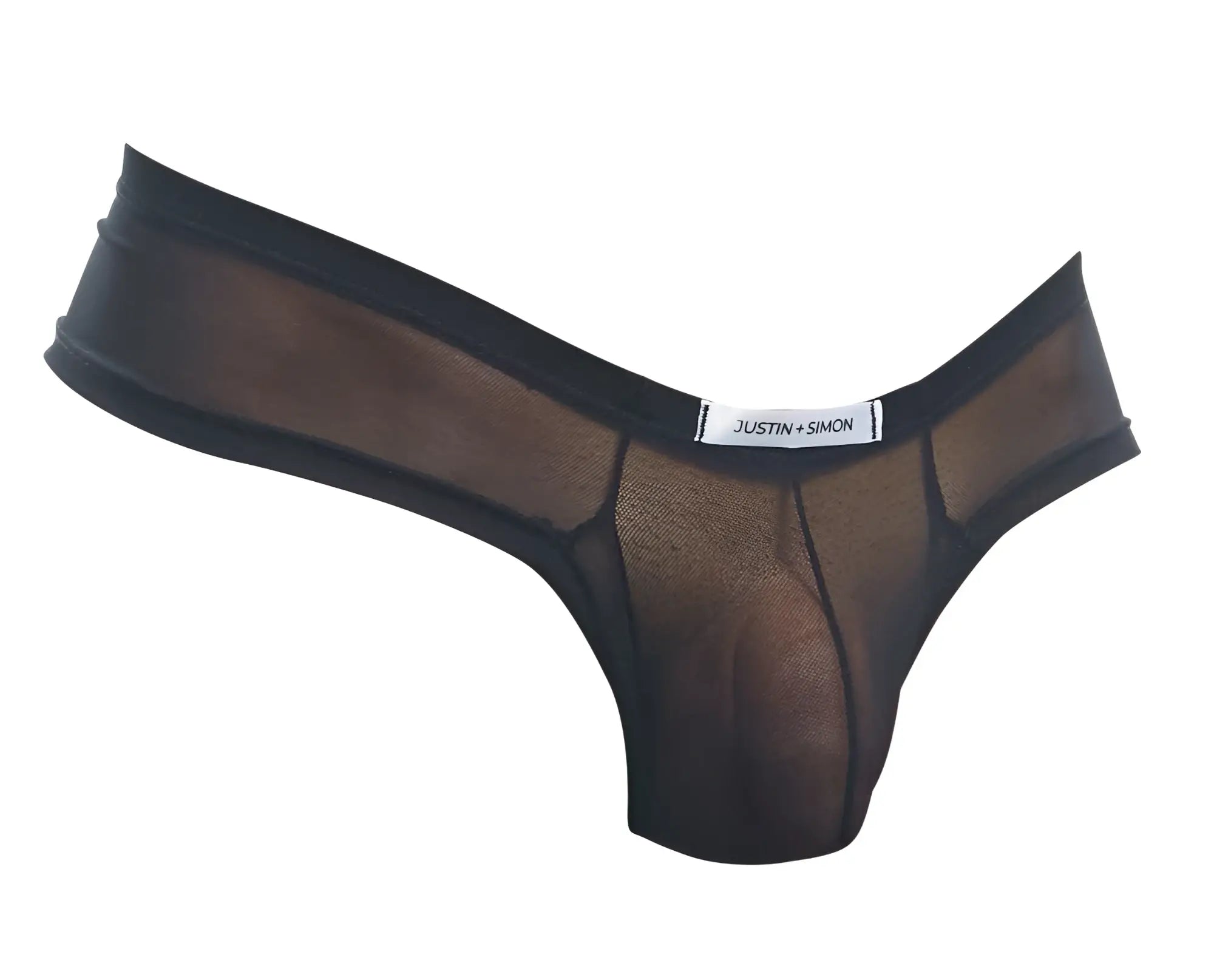 Black sheer mesh thong with solid black waistband and justin plus simon brand label from xsj22 cheek briefs collection