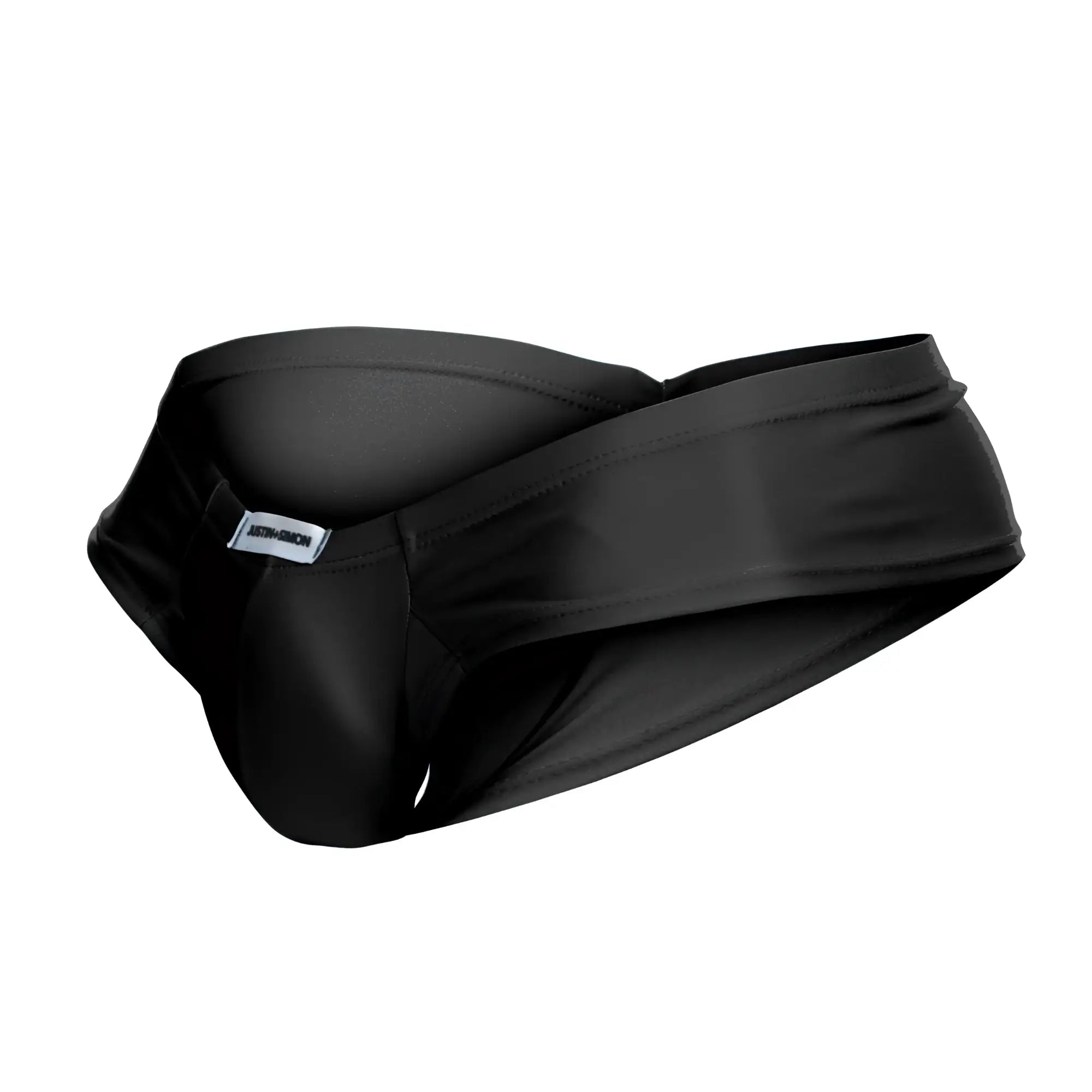 Black satin-like justin simon xsj22 cheek briefs with sleek modern design and branded tag