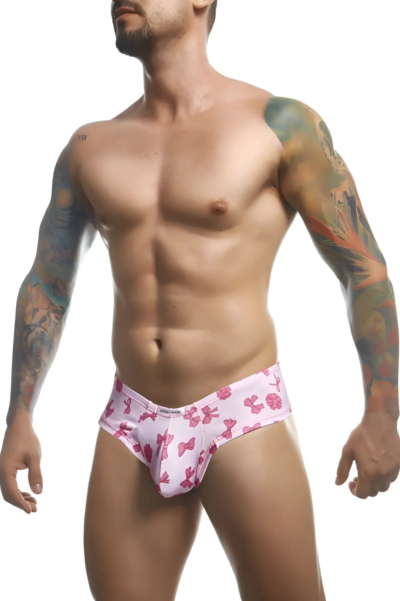 Justin simon xsj22 cheek briefs in coquette pink with bow pattern men’s cotton blend underwear front view
