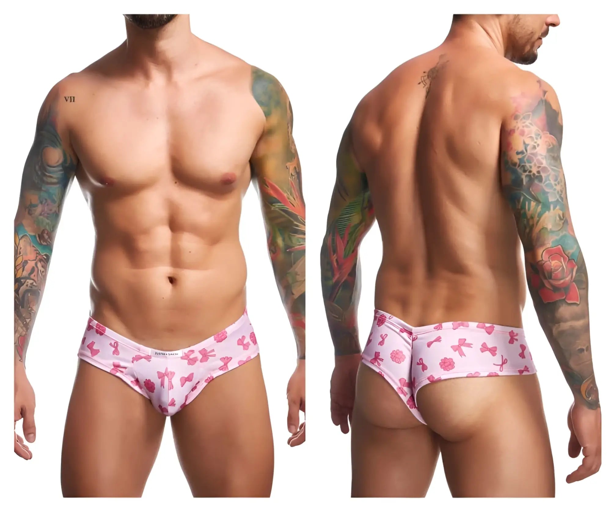 Justin+Simon xsj22 cheek briefs in pink with bow pattern featuring soft breathable fabric for stylish men’s underwear