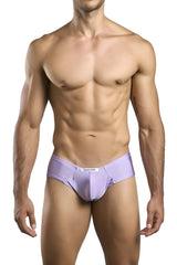 Lavender-colored form-fitting men’s briefs with a subtle brand tag at the waistband justin simon xsj22 cheek briefs