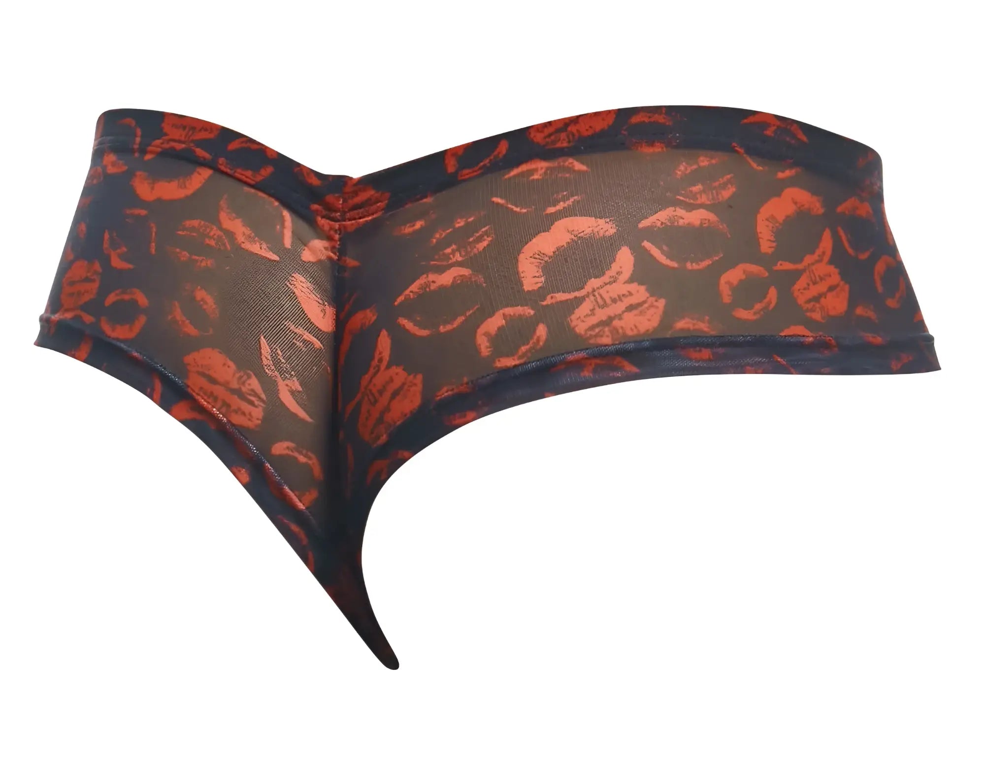 Justin+Simon XSJ22 cheek briefs sheer thong with black and orange lipstick print for a bold lingerie look