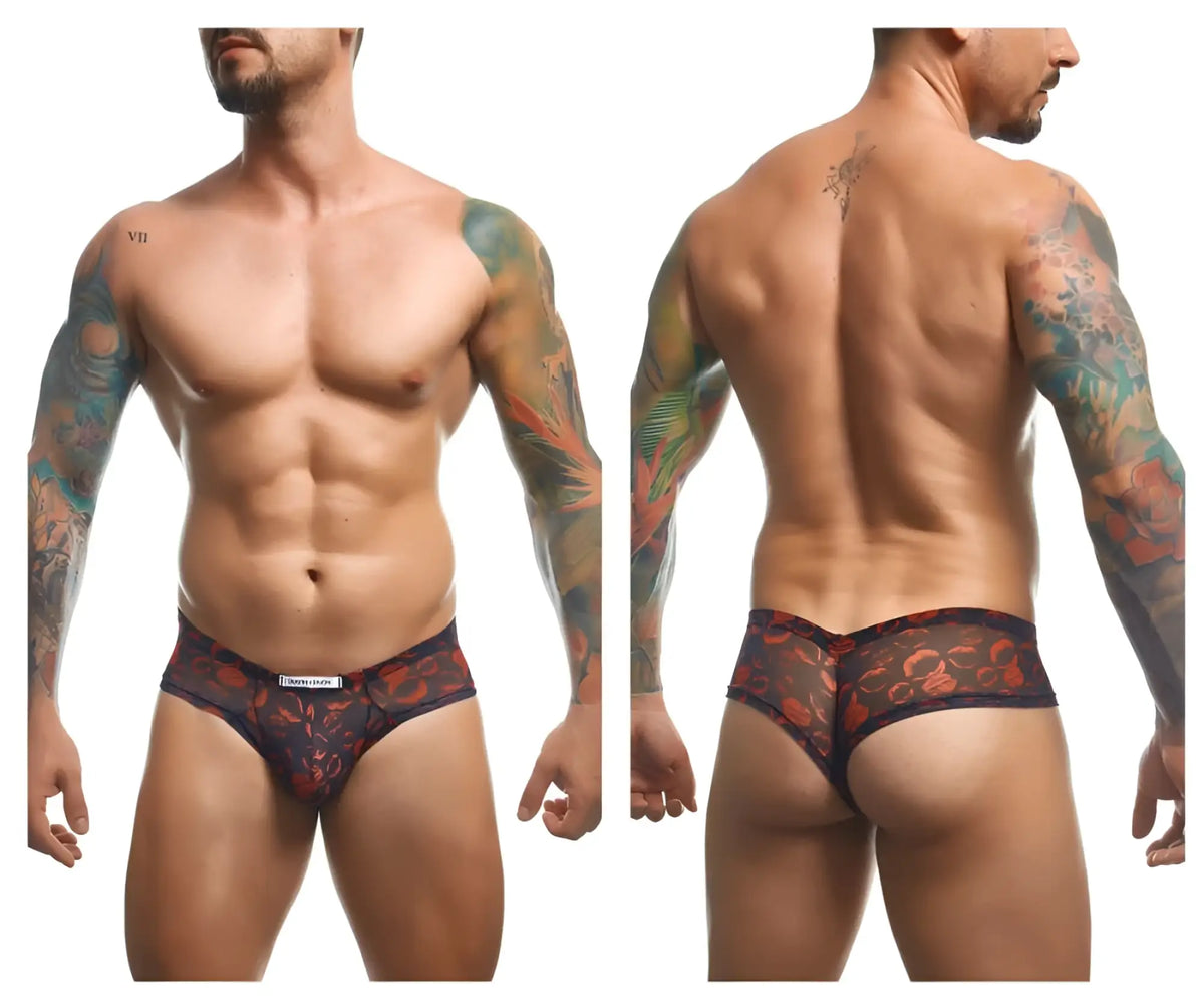 Justin Simon XSJ22 cheek briefs in black and red floral mesh with lips print and branded waistband visible from back