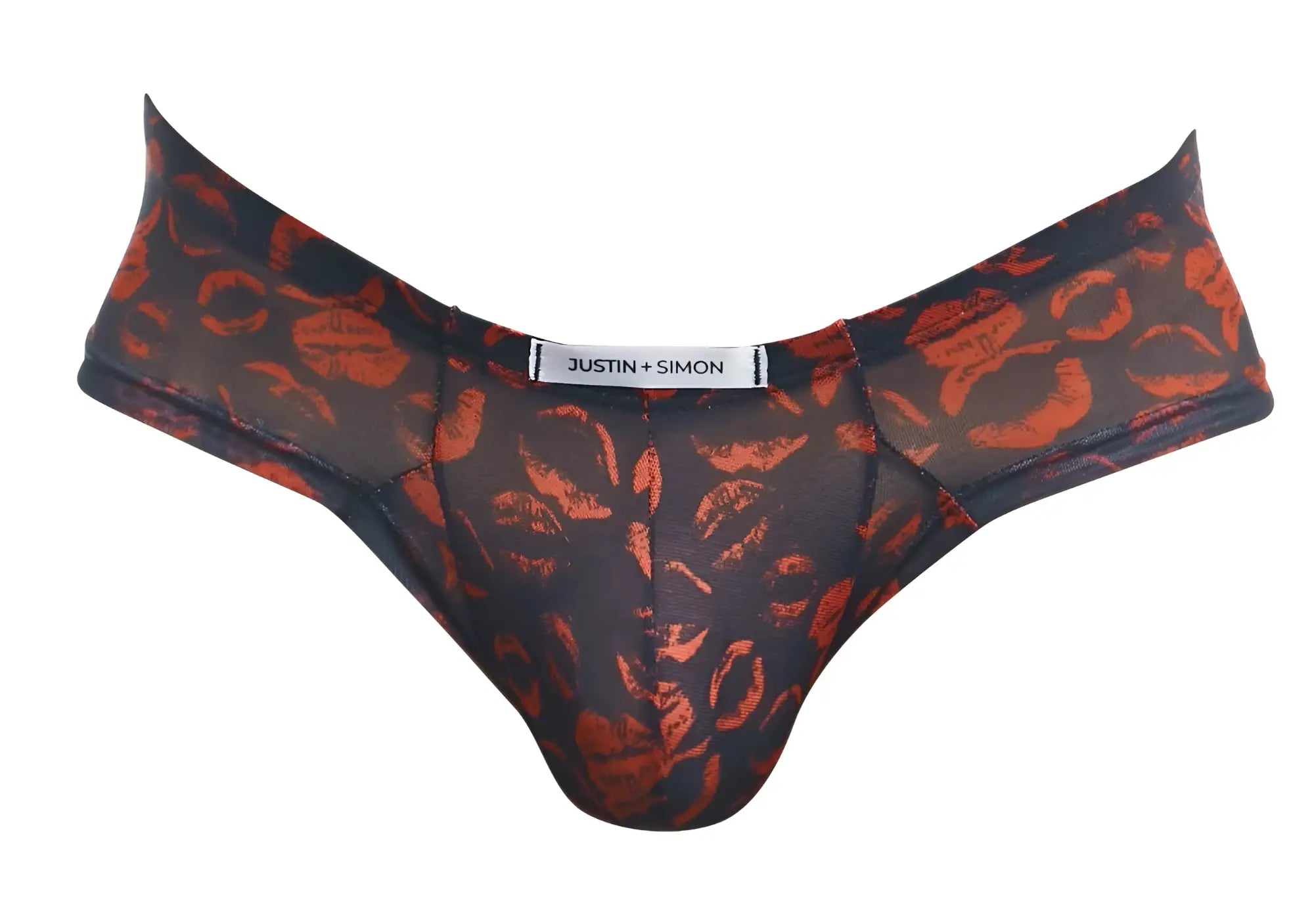 Black sheer thong cheek briefs with bold orange lipstick print and justin simon brand label in color lips design