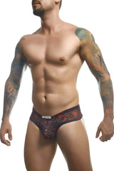 Dark blue justin simon xsj22 cheek briefs with vibrant red and orange floral pattern and white label at waistband